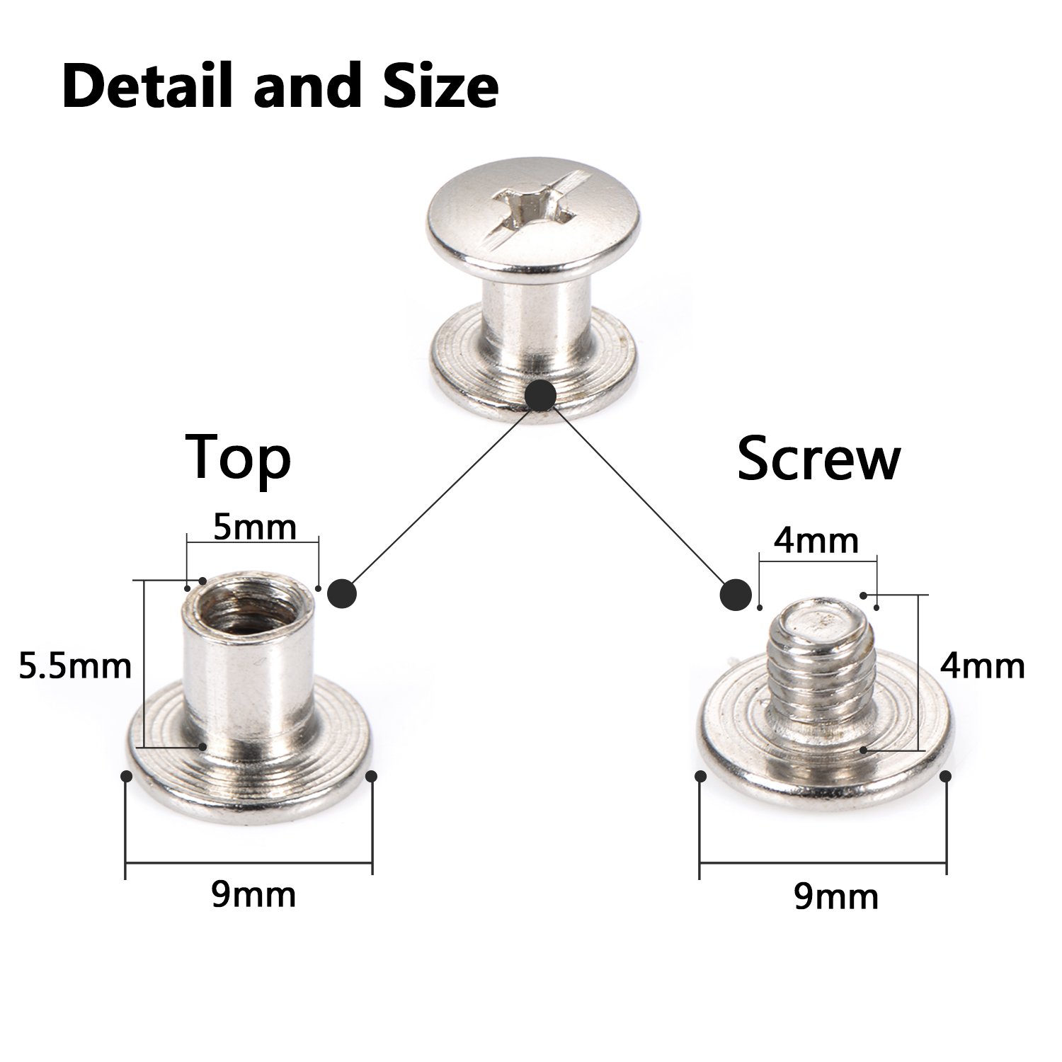 Open Back Chicago Screws Solid Belt Tack Screw Post Fastener Leather Repair Screws, 6 mm, Steel, 50 Sets
