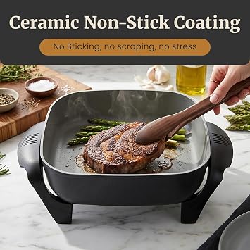Elite Gourmet PFAS-Free Ceramic Electric Skillet, Extra Deep 12x12x3, Less Splatter, Dishwasher Safe, Rapid Heat, EG2313, 1200W, Black