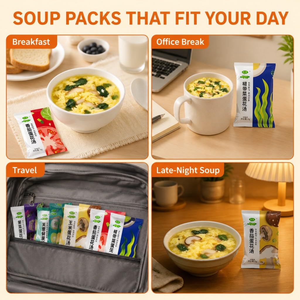 Mezcla De Sopa Instantánea Huevo 7 Sabores (0.21 Oz X 10 Bolsas Cada Una) | Liofilizado, No Frito, Preparación Rápida