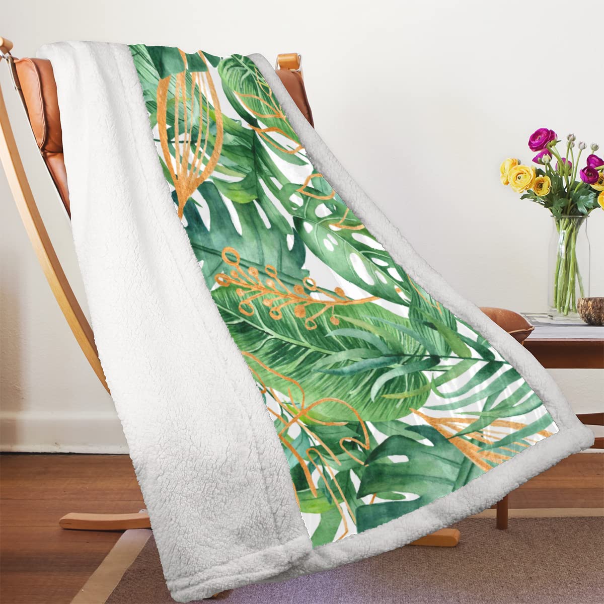 Manta tropical de hojas de palma para sofá, invierno, manta suave, patrón de verano, cálida lana de cordero para niños, mujeres y hombres