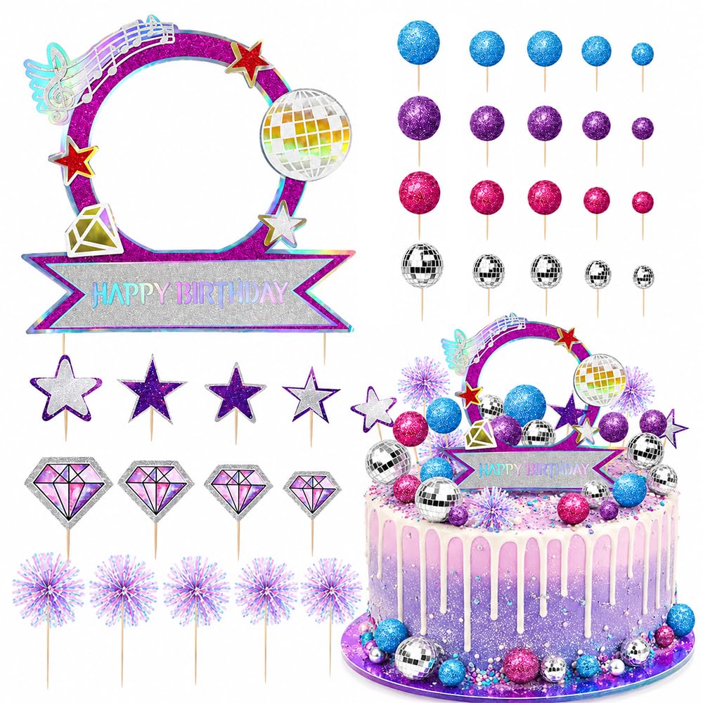 34pcs Purple Disco Ball Cake Toppers for 70s Retro Party Decor