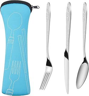 3 Pcs Cutlery Set Stainless Steel Travelling Cutlery with Organizer Bag Knife Fork Spoon Set with Case Camping Portable Cutlery Utensils Travel Flatware Tableware for Picnic Camping Home Outdoor Use