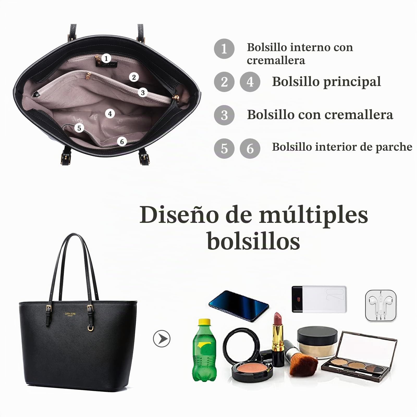 Bolsos de Mujer Bolsa de Hombro de Moda Señora Grande Bolso Tote PU Cuero Bolso Shopper para Escuela Trabajo Viaje Compras Negro