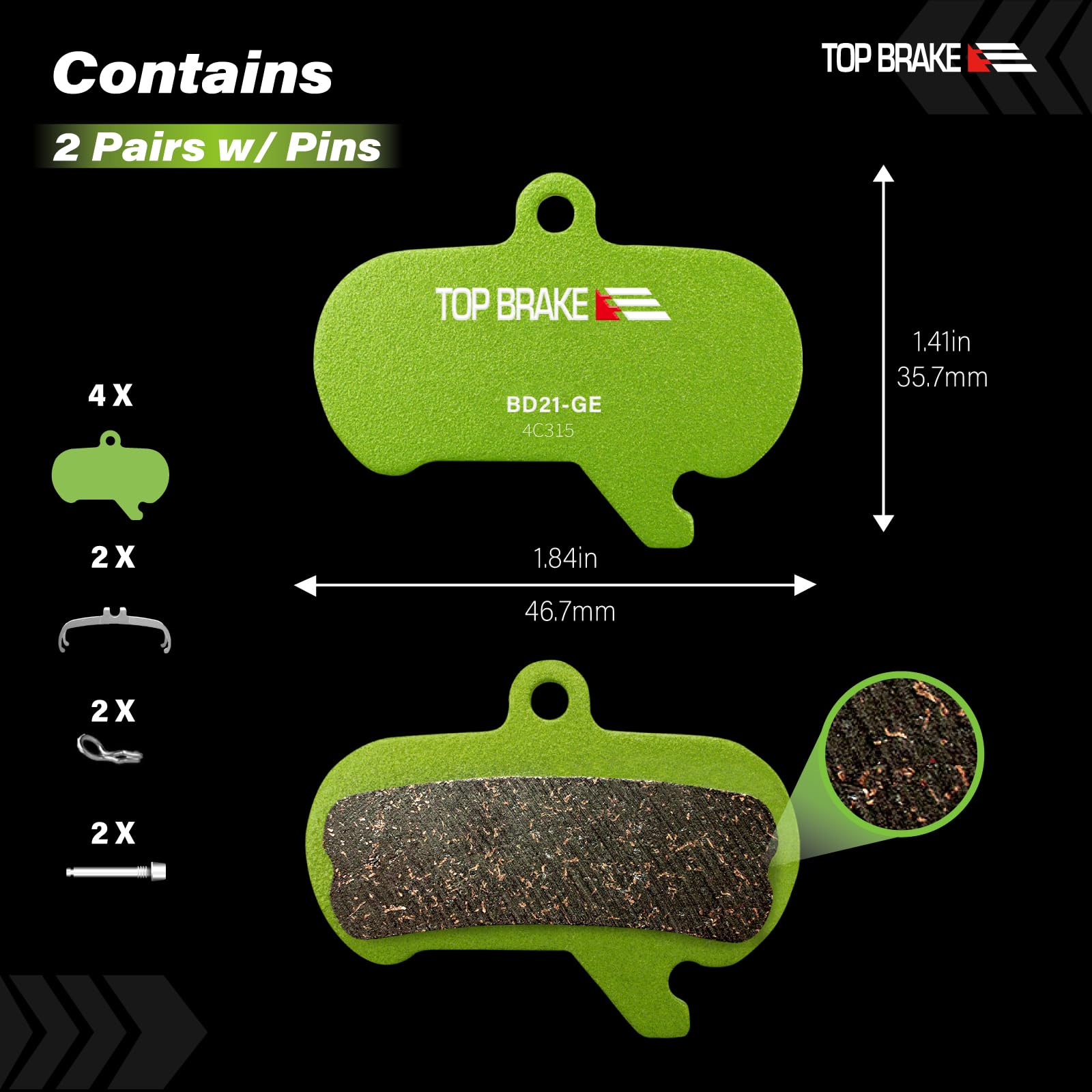 TOP BRAKE Klocki hamulcowe tarczowe do rowerów kompatybilne z SRAM Maven XL | Złożone z grafenu, trwałe, ciche i płynne, MTB, Downhill, Enduro Race, Bike Park, zielone (2 pary)