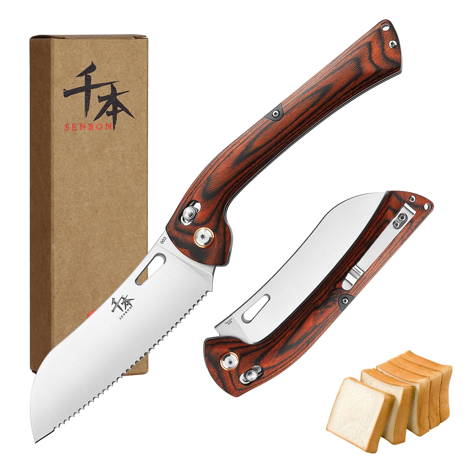 SENBON 440 couteau à pâtisserie pliant tranchant manche en bois coloré Camping barbecue extérieur clip arrière couteau à pain portable
