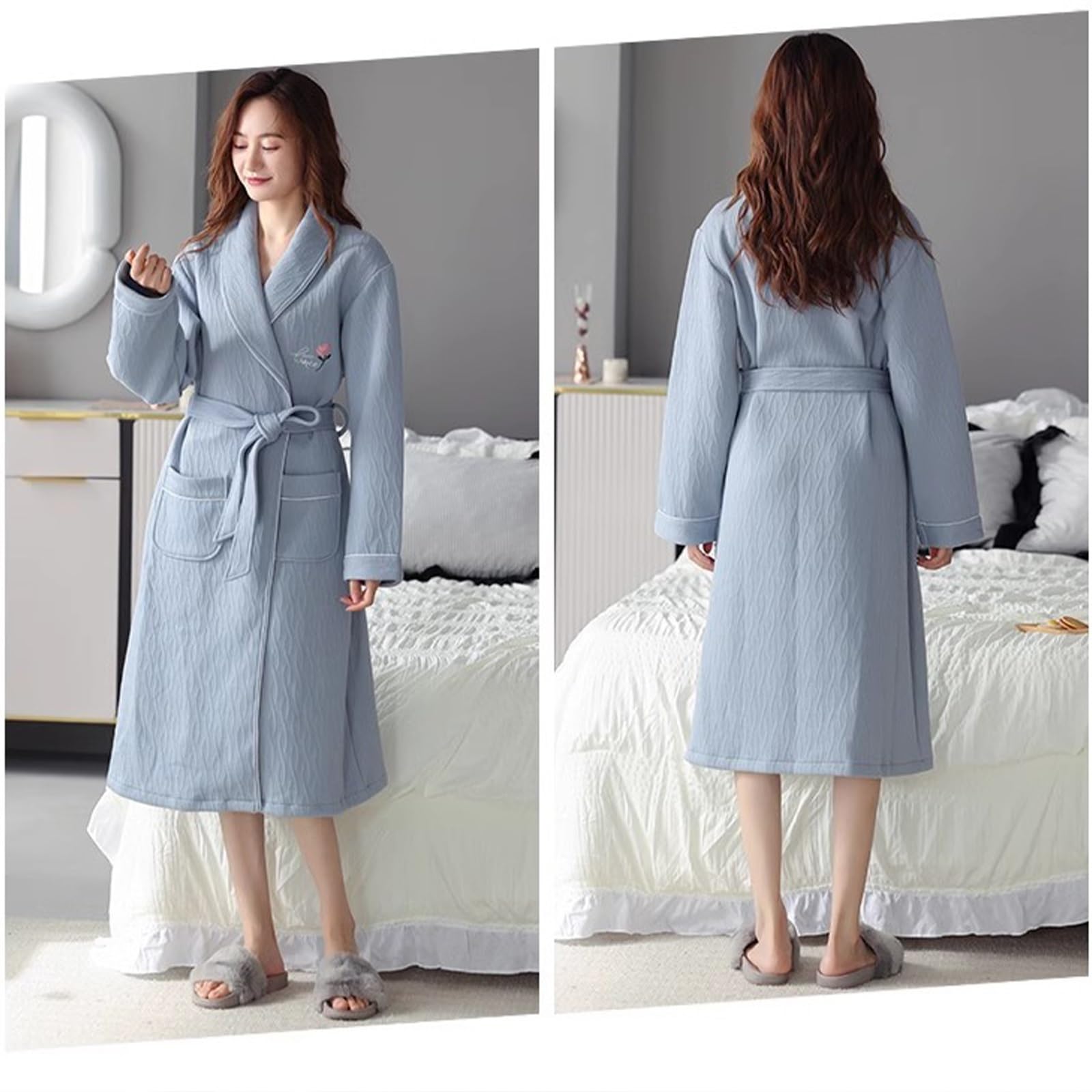 sdneNest Cotton Bathrobes for Women, Double-Layered Cotton Bath Robes Towel Dressing  Gown Lightweight Knee Length Loungewear.Blue-L at Amazon Women's Clothing  store