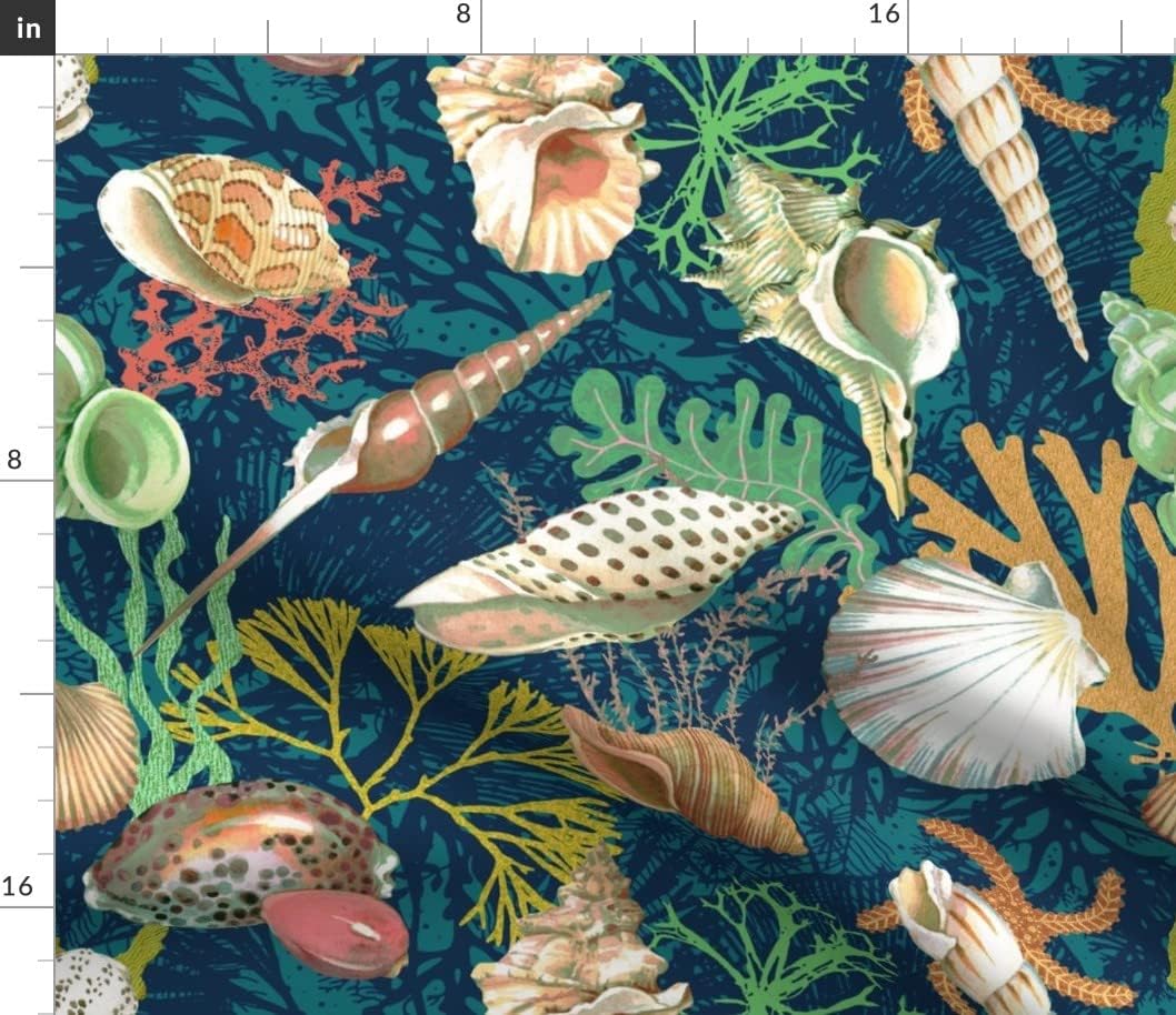 Spoonflower Fabric - Sea Shells Green Blue Animal Summer Beach Printed on Petal Signature Cotton Fabric by The Yard - Sewing Quilting Apparel Crafts Decor