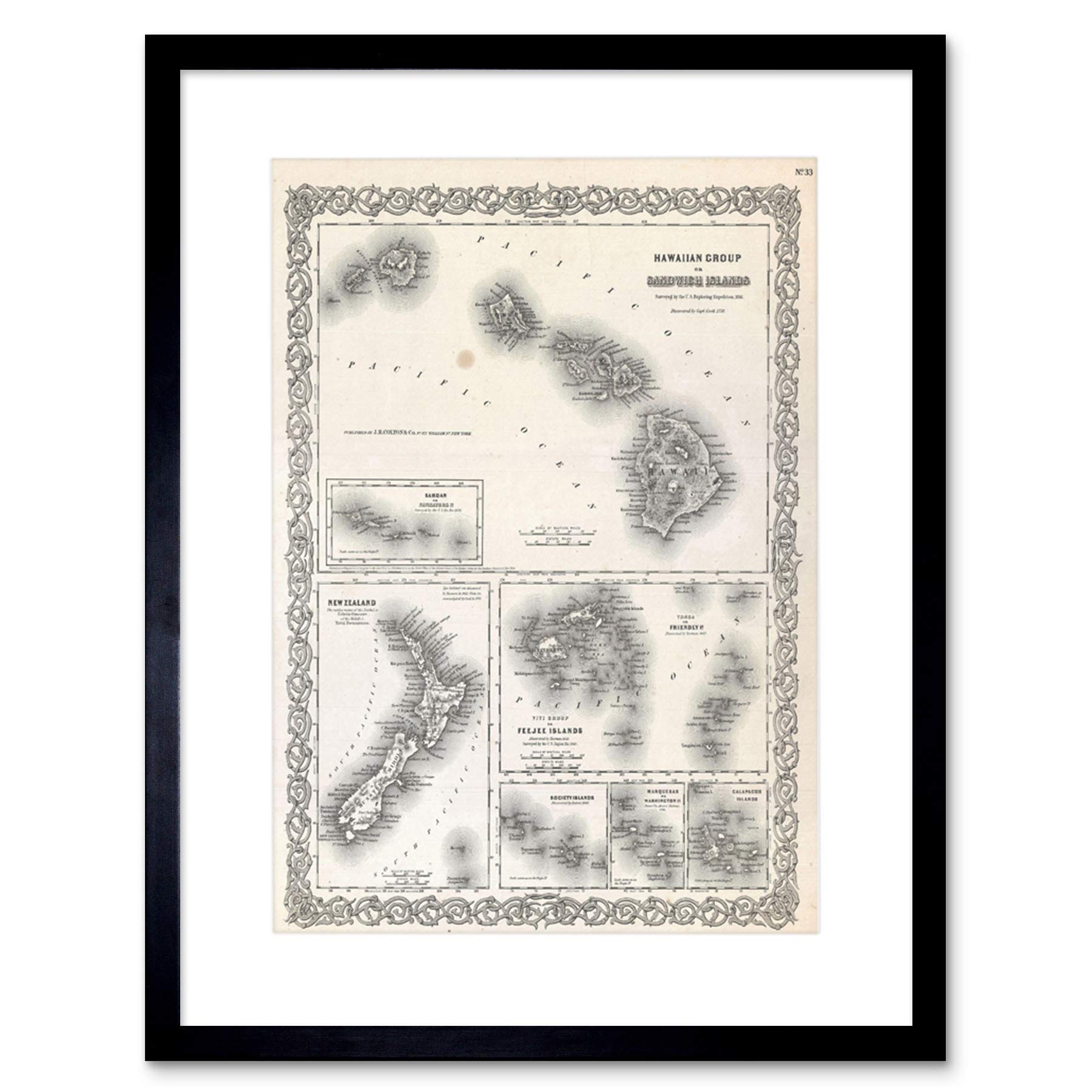 Wee Blue Coo Map Antique Colton Hawaii New Zealand Fiji Framed Wall Art Print