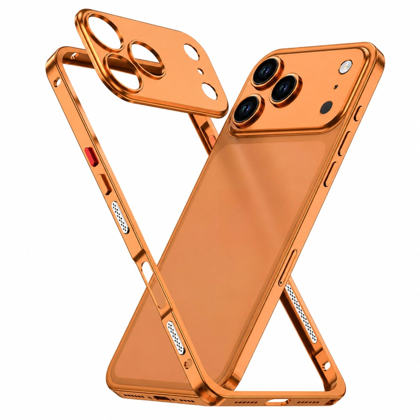 Coque arrière ouverte avec cadre en métal compatible avec iPhone 18 Pro, coque d'appareil photo – Noir (orange)