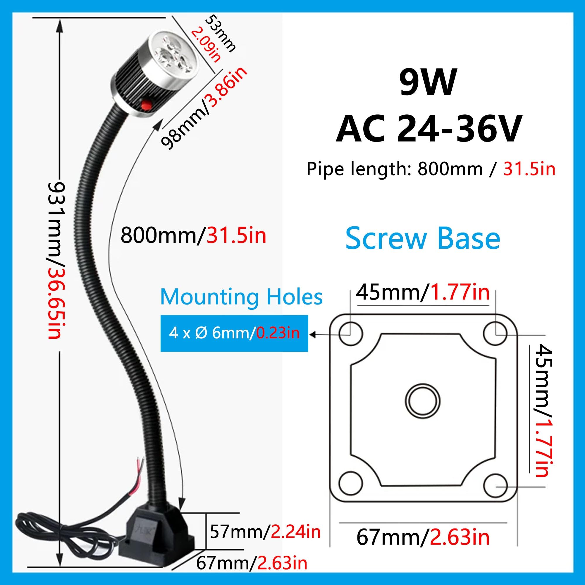 Lampada da Lavoro Industriale a LED, Lampada da Macchina con Collo D'oca Orientabile a 360°, for Trapano a Colonna, Tornio, Officina(24-36V,800mm/31.5in)