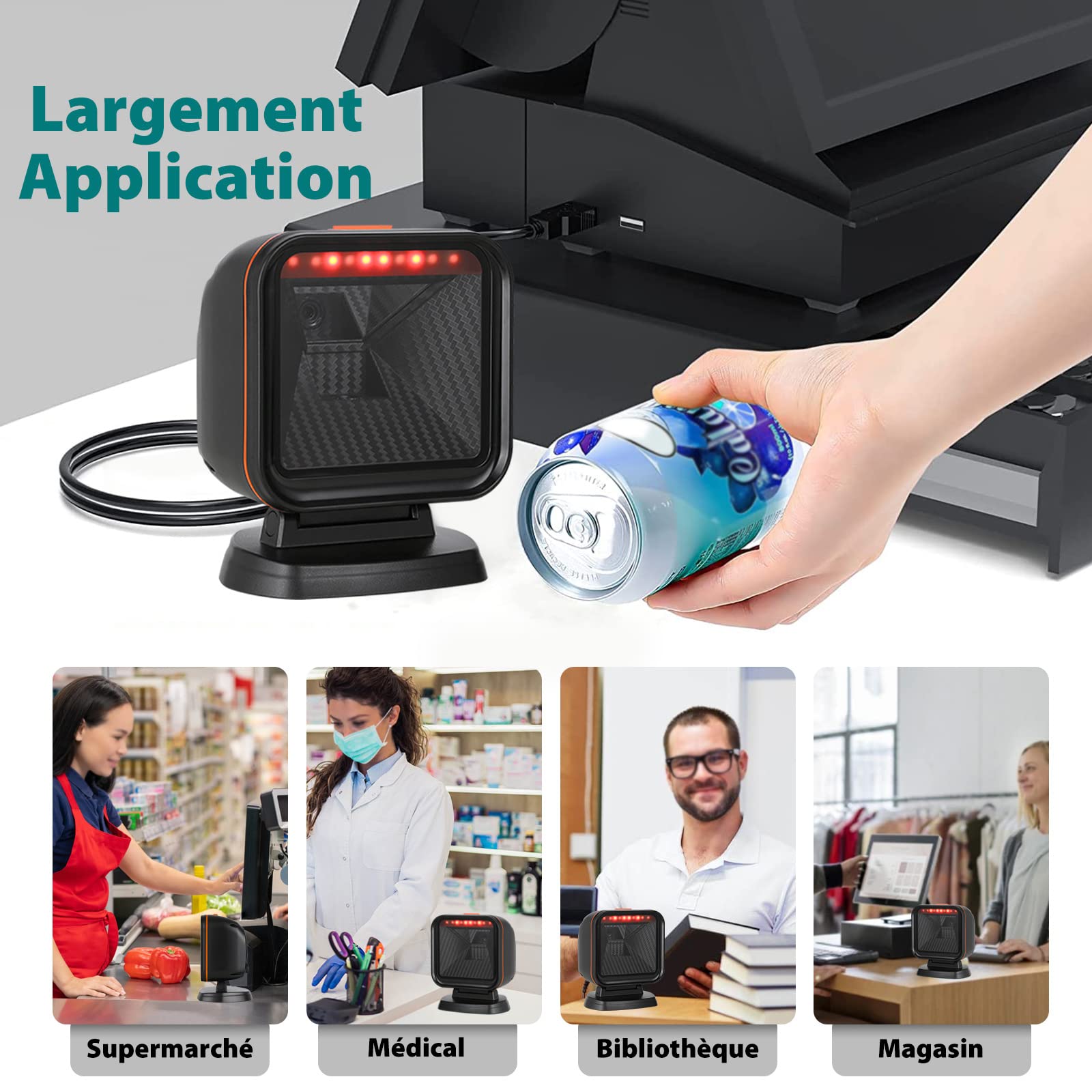 OBZ 1D 2D Desktop Barcode Scanner, QR Code Scanner USB Wired Hands-Free Barcode-Scanner Kassen Scanner mit Großem Scanfenster für Läden, Lager, Bibliotheken
