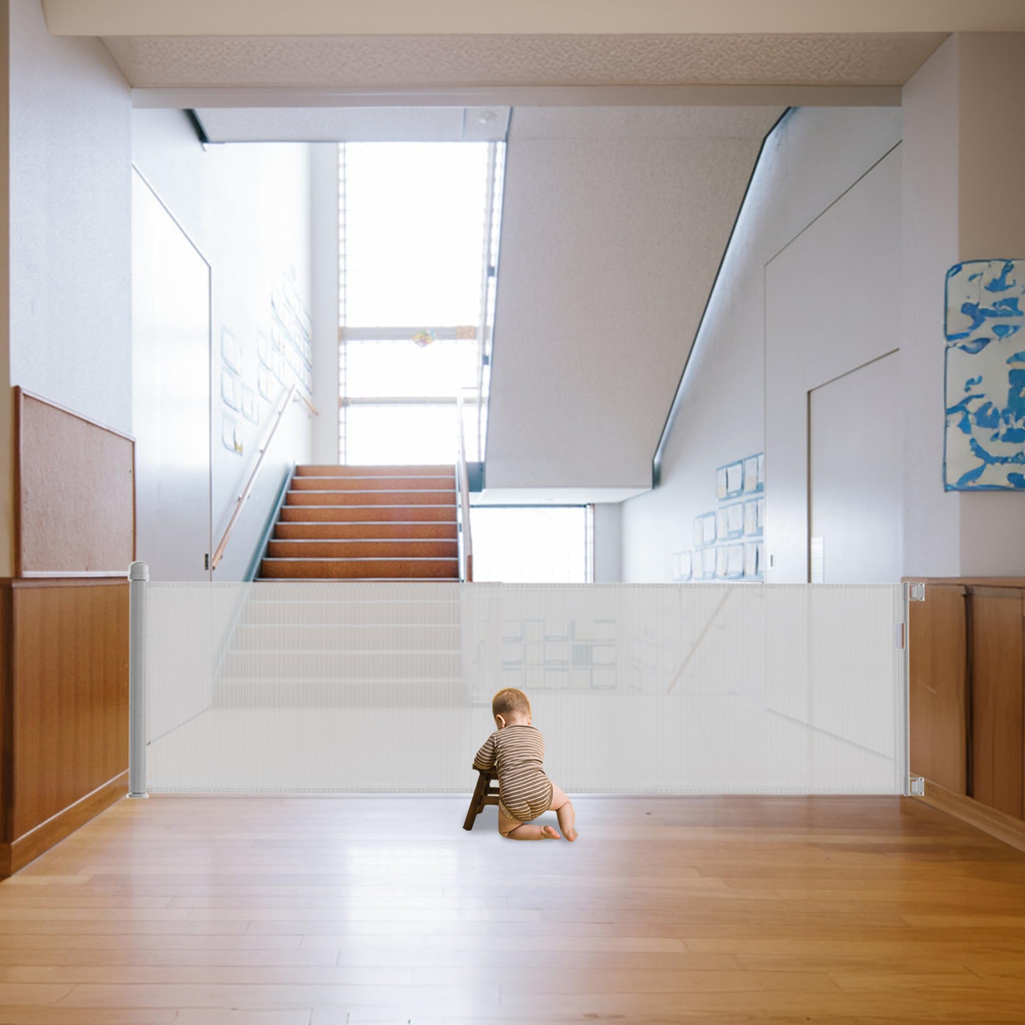 Aufun Barrera de seguridad para escaleras, extensible de 0 a 300 cm, para bebés, 300 cm, color gris