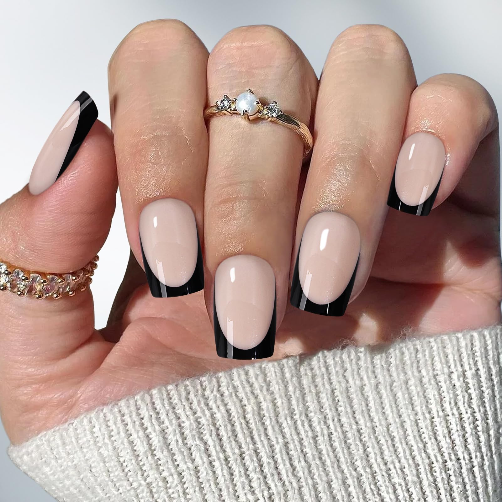 Black French Tip Press on Nails Medium Square 24pcs Chrome Fake Nails with Glue, FlexFly Classy Press ons Nails Glossy Full Cover Reusable False Nails