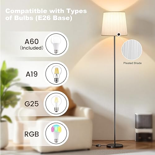 Miniatura 4 de Lámpara de pie con pantalla plisada, lámpara de pie LED regulable con interruptor de pie, 3 temperaturas de color, bombilla E26 de 9 W incluida, luz