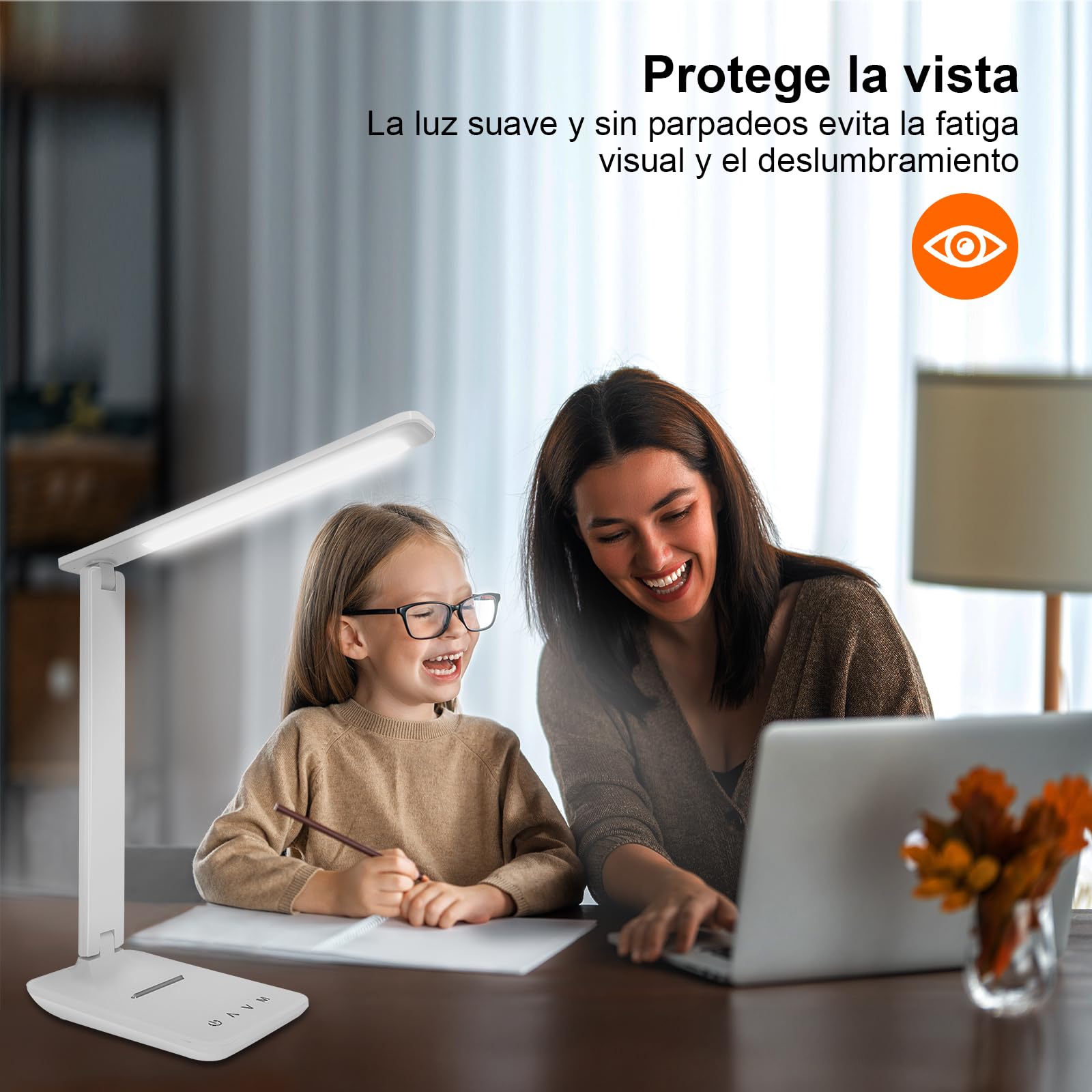 lámpara Led Escritorio, Flexo de Escritorio con luz nocturna, lampara de escritorio con control táctil, Puerto de carga USB, 5 niveles de luminosidad 5 modos (blanco)