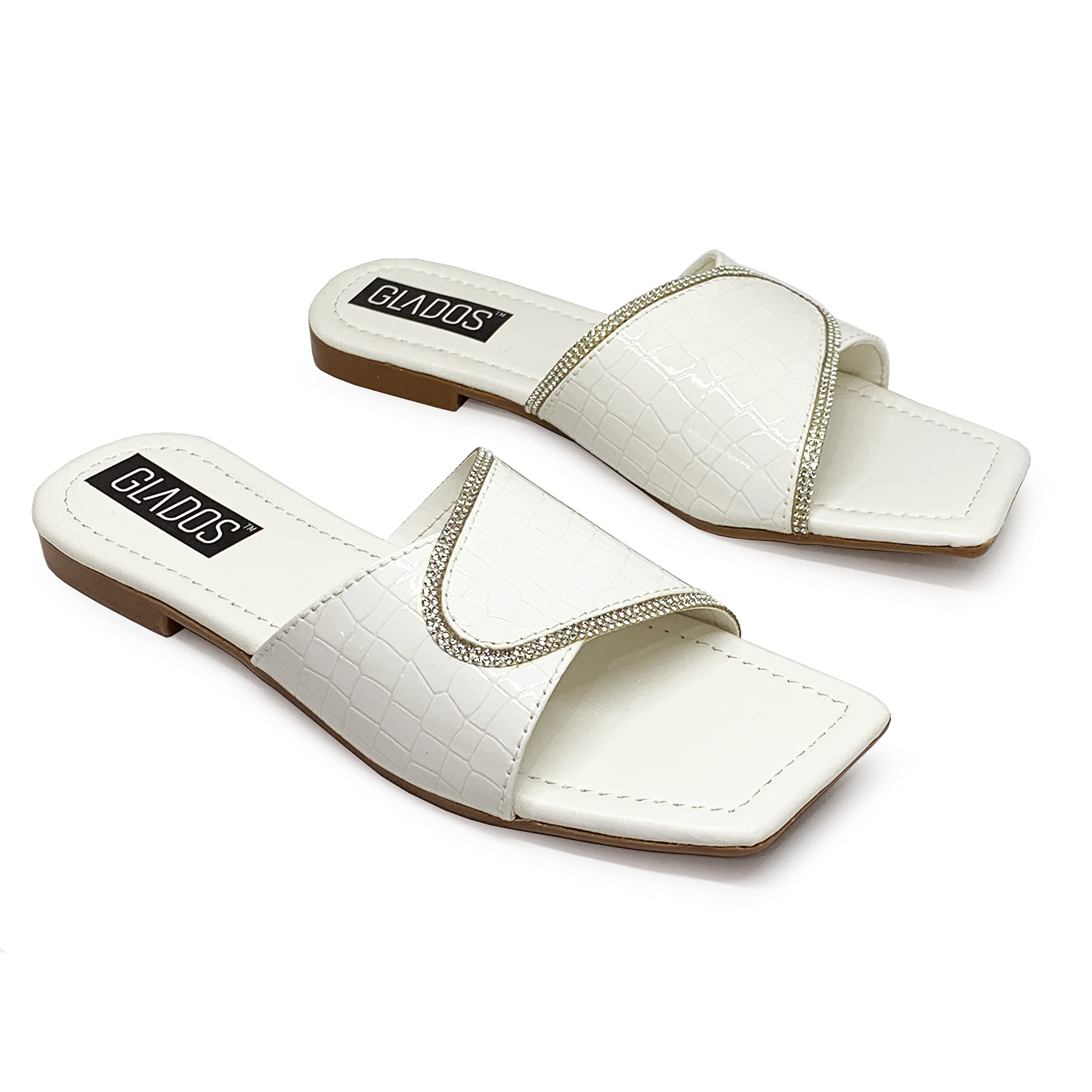 Glados Womens Lightweight Fashionable Flat Sandals with Crocodile Embossed Upper with Rhinestones for Party Casual and Daily use (B0BRVHPPD9) Amazon Price History, Amazon Price Tracker