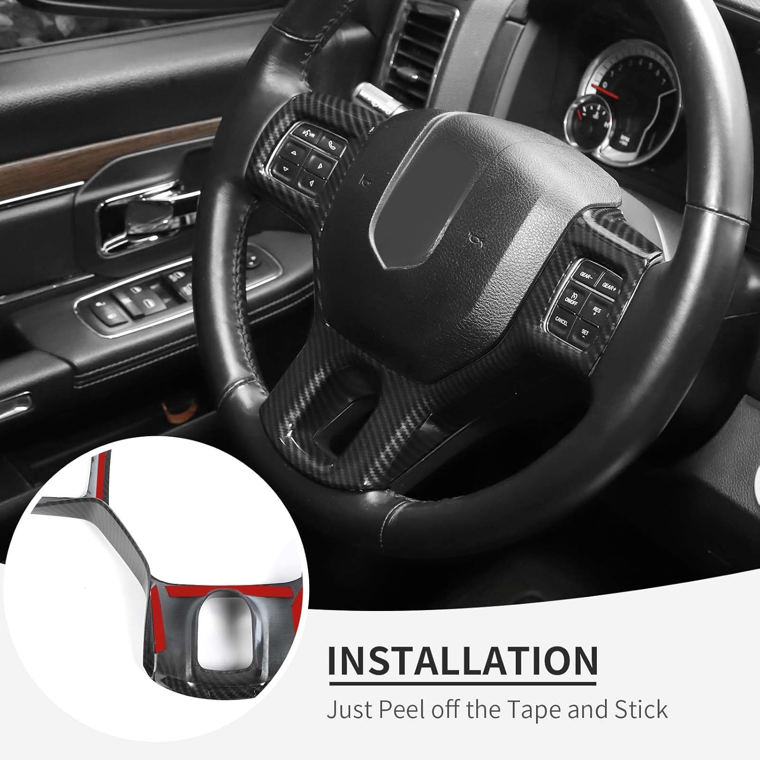 Linskip Steering Wheel Trim Compatible with Ram 1500 2010 2011 2012 2013 2014 2015 2016 2017 2018, Steering Wheel Cover for Ram Interior Accessories(Carbon Fiber Black)