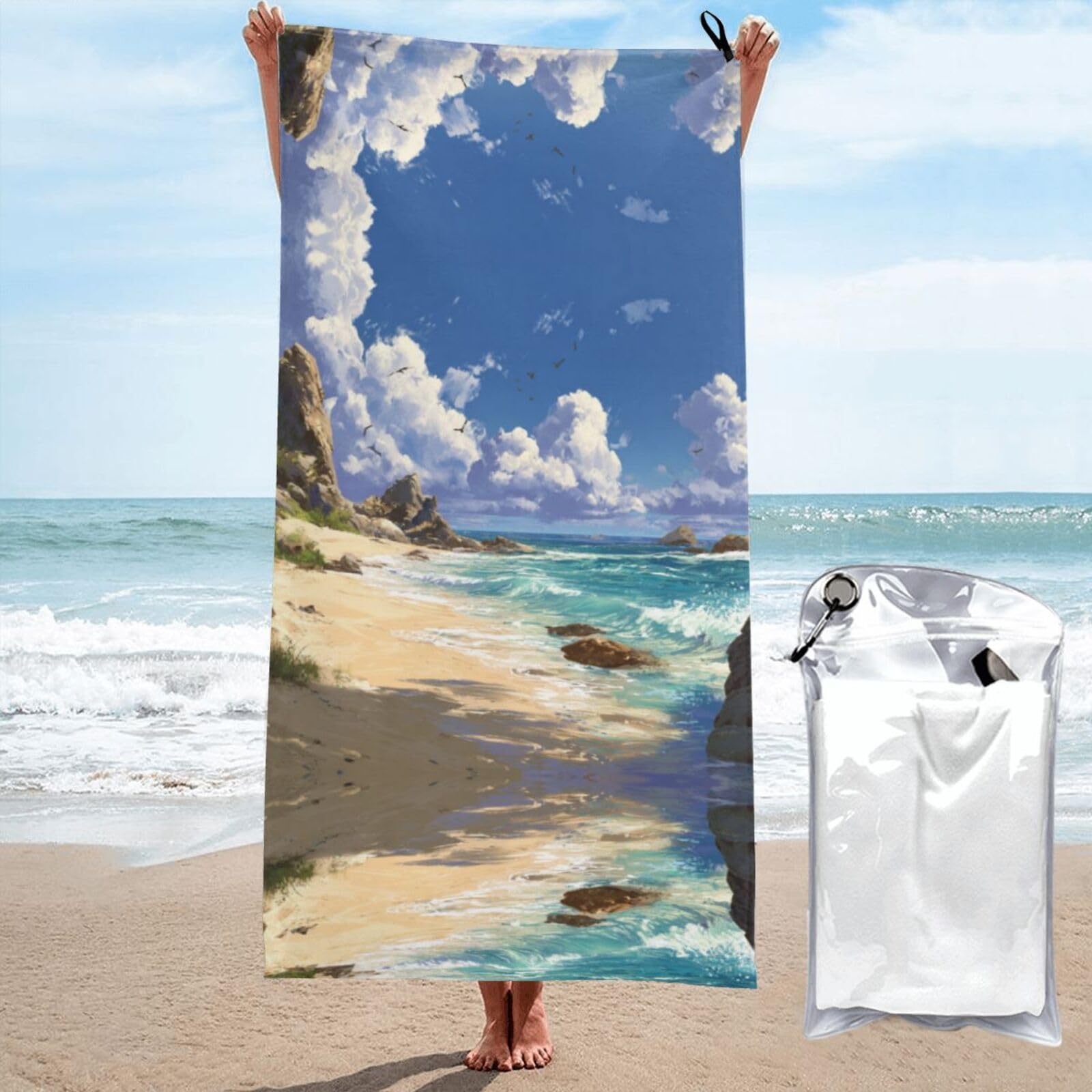ESNAIUVCD Beach Scenery Print Beach Towel, Microfibre Sauna Towel, Quick-Drying Fitness Towel, Lightweight And Thin Portable Sauna Towel