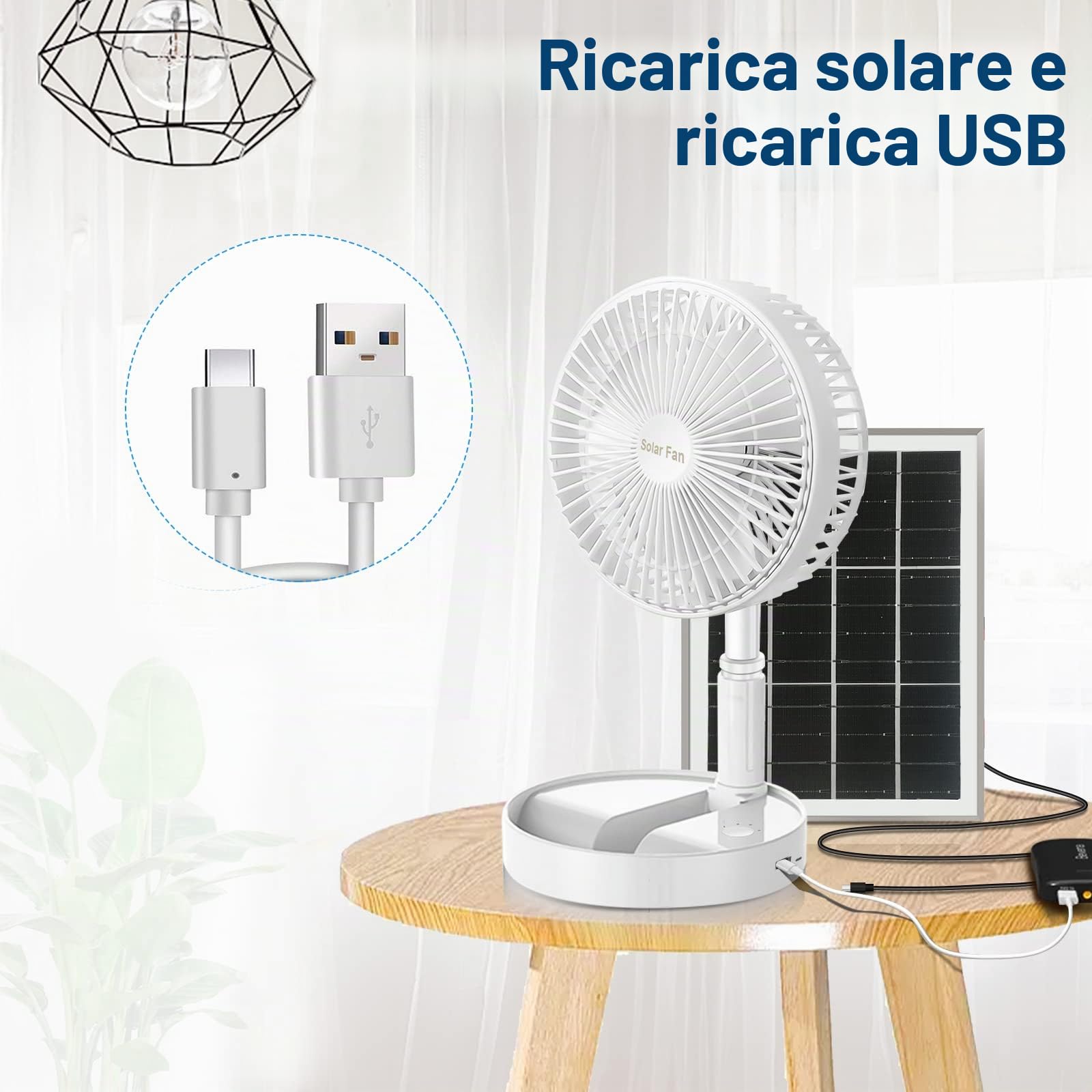 Ventilatore a Piantana con Pannello Solare, 8" Silenzioso Portatile Ventilatore da Pavimento/Tavolo, 5200mAh USB Ricaricabile Fan, 3 Velocità, Altezza Regolabile, per Camera da Letto Ufficio Viaggio