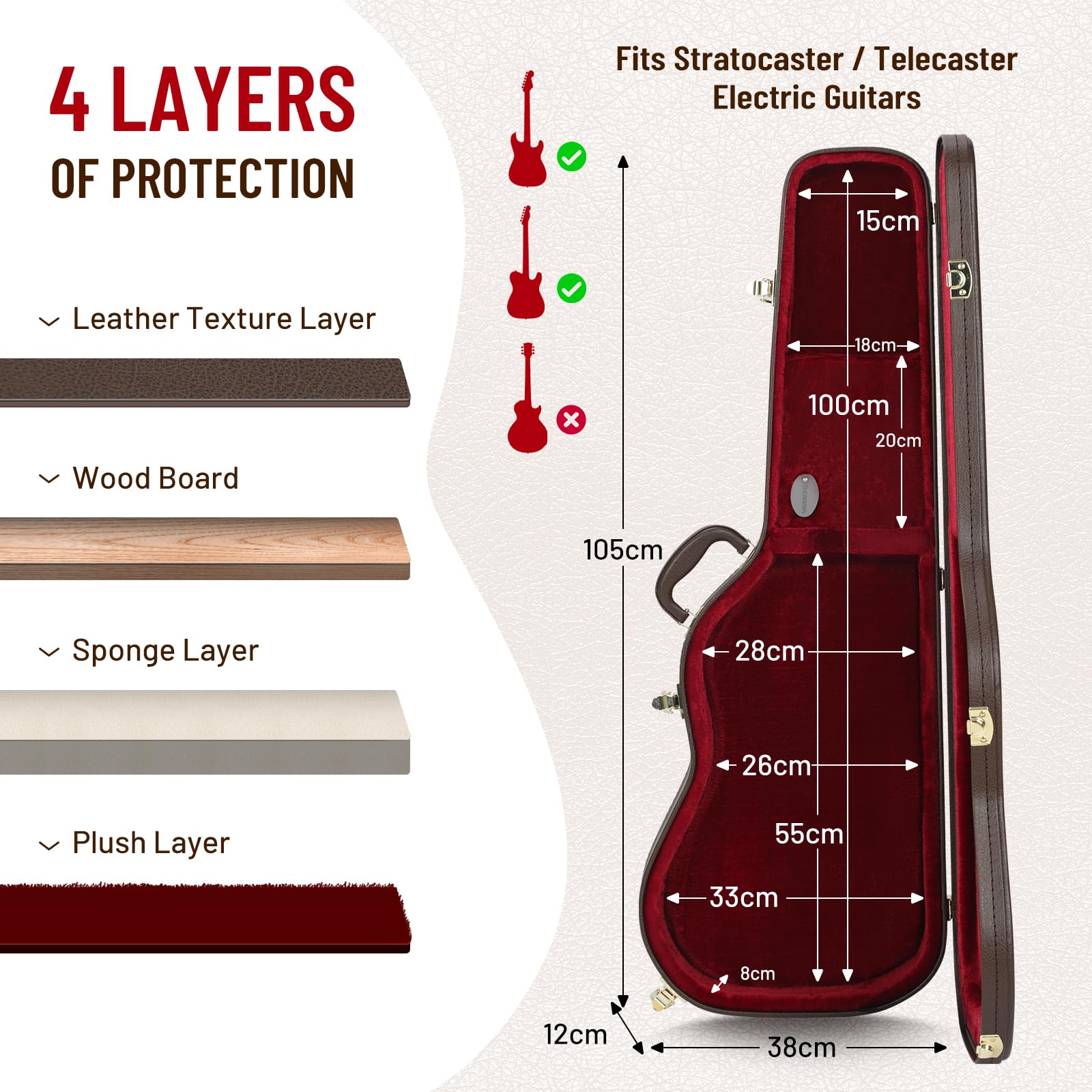 CAHAYA Custodia Rigida per Chitarra Elettrica: Brosa per Chitarre Elettriche ST Astuccio con Imbottitura Spessa di 25mm con Serratura e 2 Chiavi CY0343-1
