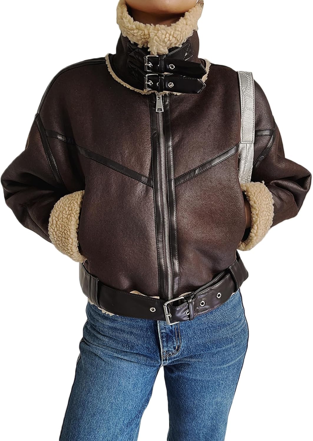 YILANUOYI Winter Women Faux Lamb Sherpa Aviator Bomber Jacket Vintage Cropped Coat