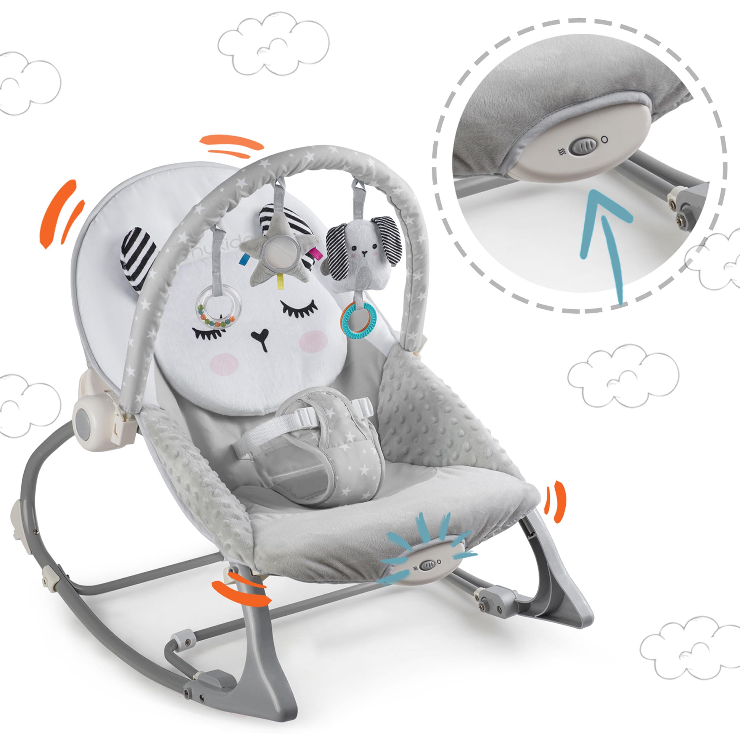 Nukido Sdraietta Neonati - Dondolino con Vibrazione e Giochi - Piedini Antiscivolo - fino a 18 kg Grigio