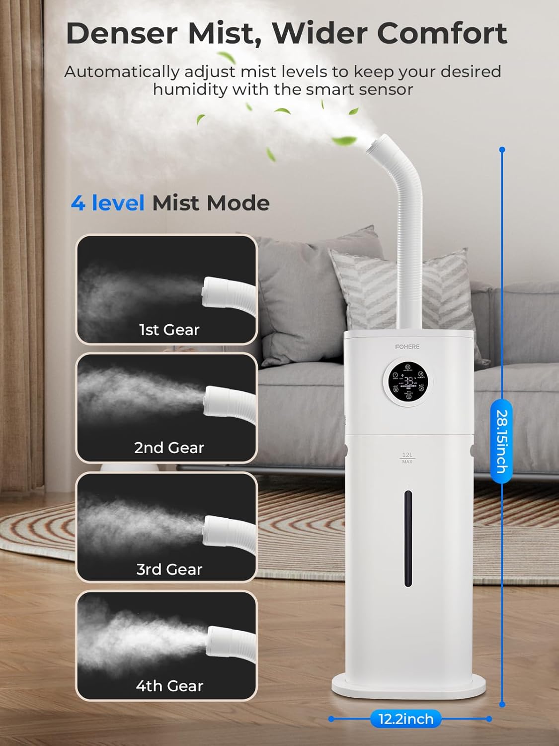 Humidifier for Large Room Home, 12L/3.17Gal Top Fill Cool Mist Ultrasonic Floor Quiet Humidifiers for Baby and Plants with Customized Humidity, Timer, Sleep Mode, Auto Shut Off, Quiet, White