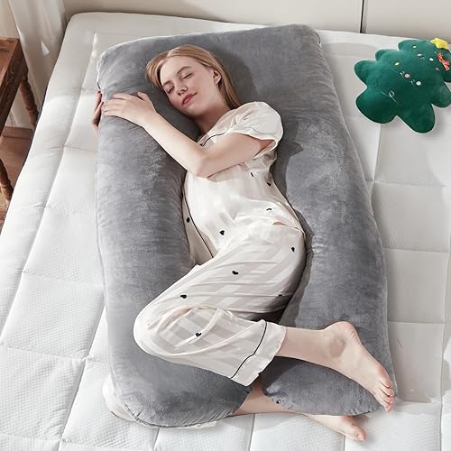 DOWNCOOL Almohada de embarazo, almohada corporal en forma de U, almohada de maternidad de espuma viscoelástica, almohada gris de 55 pulgadas con
