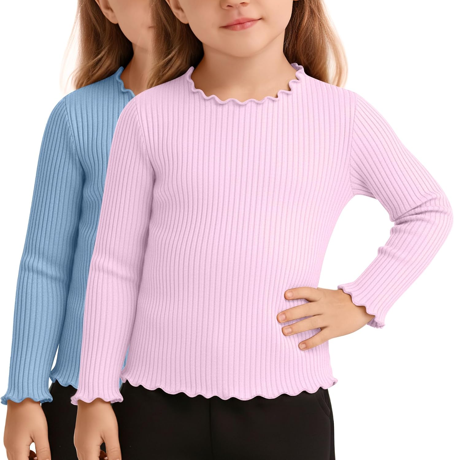 2 Pack Girls' Lettuce Trim Ribbed Shirts Cotton Blend Long Sleeve Crew Neck Base Layer Slim Fit Trendy Tops