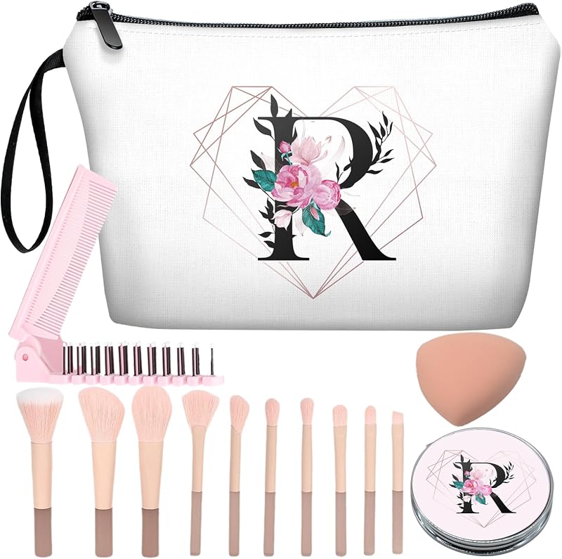 Necessaire de maquiagem JIEXAGEZOS com letra R, espelho, kit com 10 pincéis, esponja rosa e pente dobrável