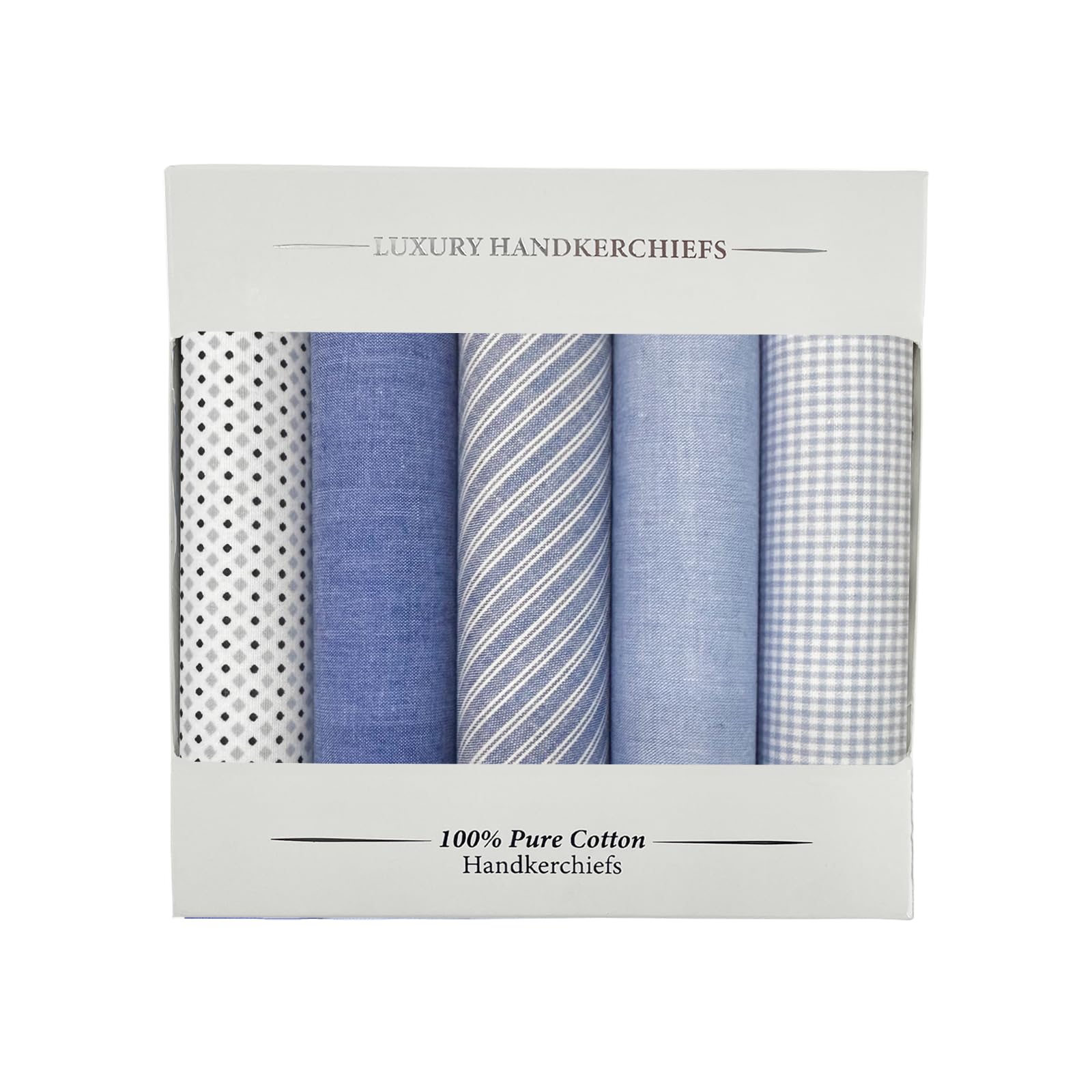 5 Pack Handkerchief Mens Cotton Luxury Hot Silver Gift Box Set, Vintage 40x40cm Fancy Design Pocket Square Hankie Gift Pack(Blue)