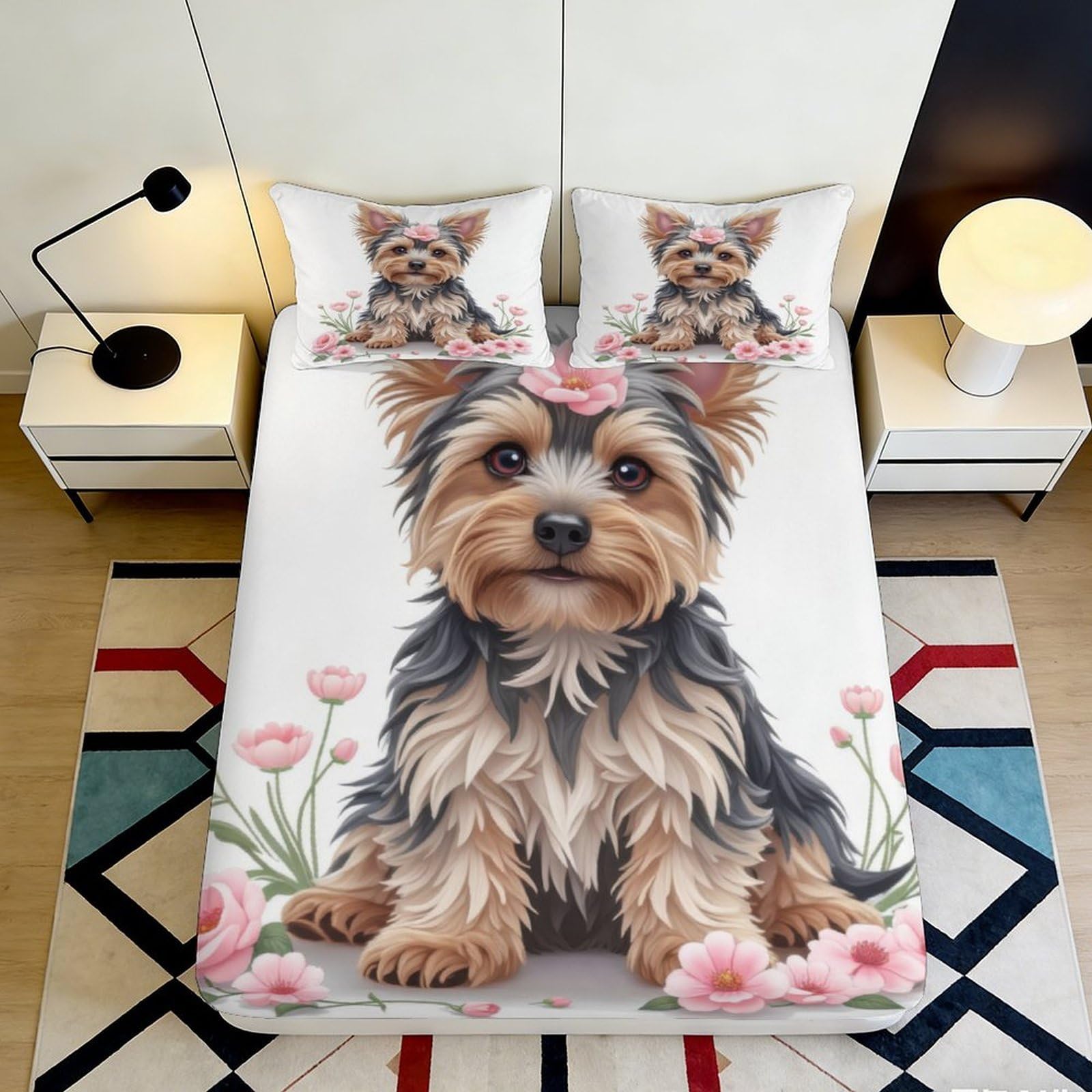 3D Printed Yorkshire Terrier Dog Fitted Sheet Microfiber Soft Floral Bed Sheet for Bedroom Guest Room Decor Mattress Cover 90x200x25cm