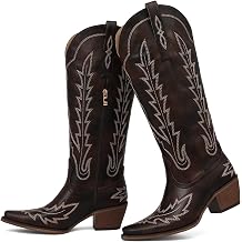 mikarka Western Cowboy Boots for Women Cowgirl Knee High Boots Pointed Toe Chunky Heel Faux Leather & Suede Vintage Classic Tall Boots