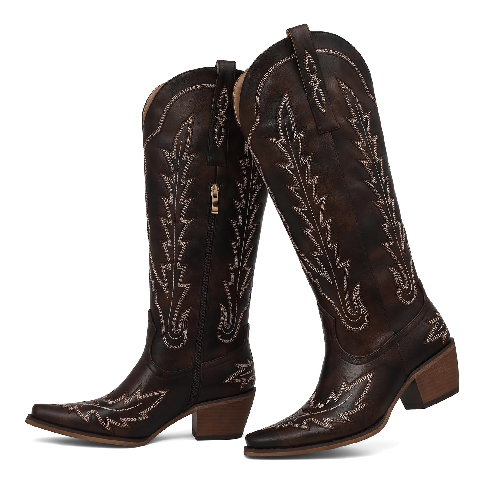 mikarka Western Cowboy Boots for Women Cowgirl Knee High Boots Pointed Toe Chunky Heel Faux Leather &amp; Suede Vintage Classic Tall Boots