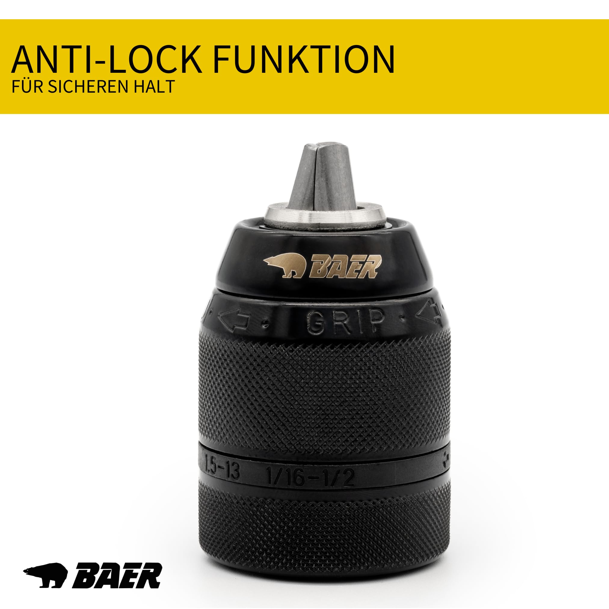 BAER Schnellspannbohrfutter 1,5–13 mm | 1/2-20 UNF | Schlüsselloses Ganzmetall Bohrfutter für Handbohrmaschine, Akku-Bohrmaschine & Bohrhammer | Selbstspannendes Präzisions-Spannfutter BaerCoil