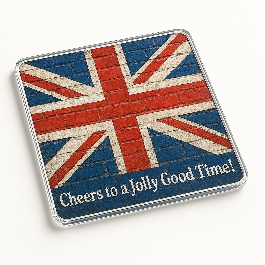 The Plum Penguin Jolly Union Vibes Union Jack Acrylic Coaster Gift - Rustic Textured British Flag Design Drinkware For Home Decor And Entertaining