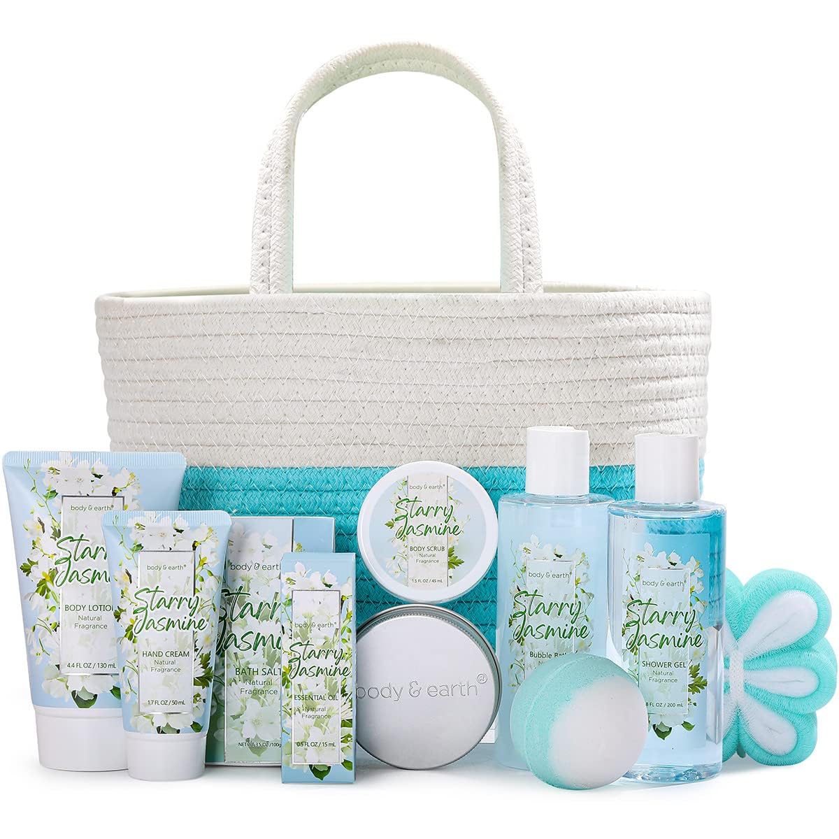 BODY & EARTH Set de Regalo Mujer 11 Pcs Aroma de Jazmín Incluye Esencial, Sal de Baño, Gel de Ducha, Loción Corporal, Manos Crema, Regalos Mujer para Navidad Cumpleaños