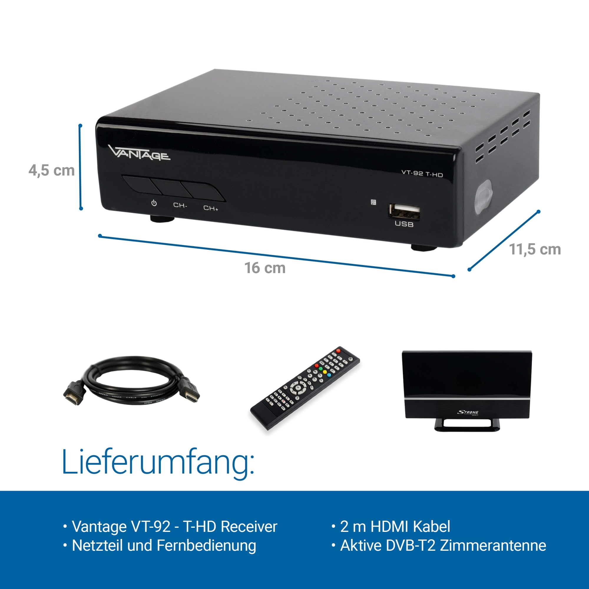 Sky Vision VT-92 DVB-T/T2 Reciever, Empfang Aller freien SD und HD DVB-T2 Sender, Digital, Full-HD 1080p, HDMI, SCART, Mediaplayer, USB 2.0, 2m HDMI Kabel, aktive DVB-T2 Zimmerantenne, Schwarz
