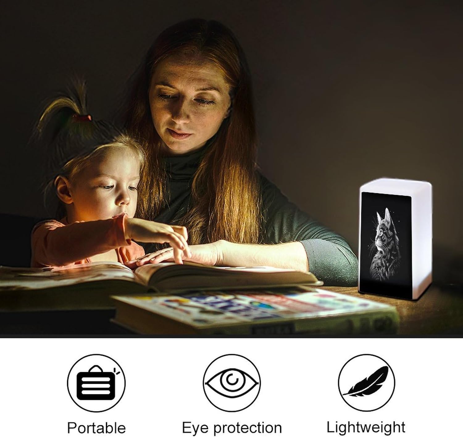 Cordless Night Light Battery Powered Dimmable Lamp for Reading Cat Silhouette Small Desk Lamp for Bedroom Living Room Office