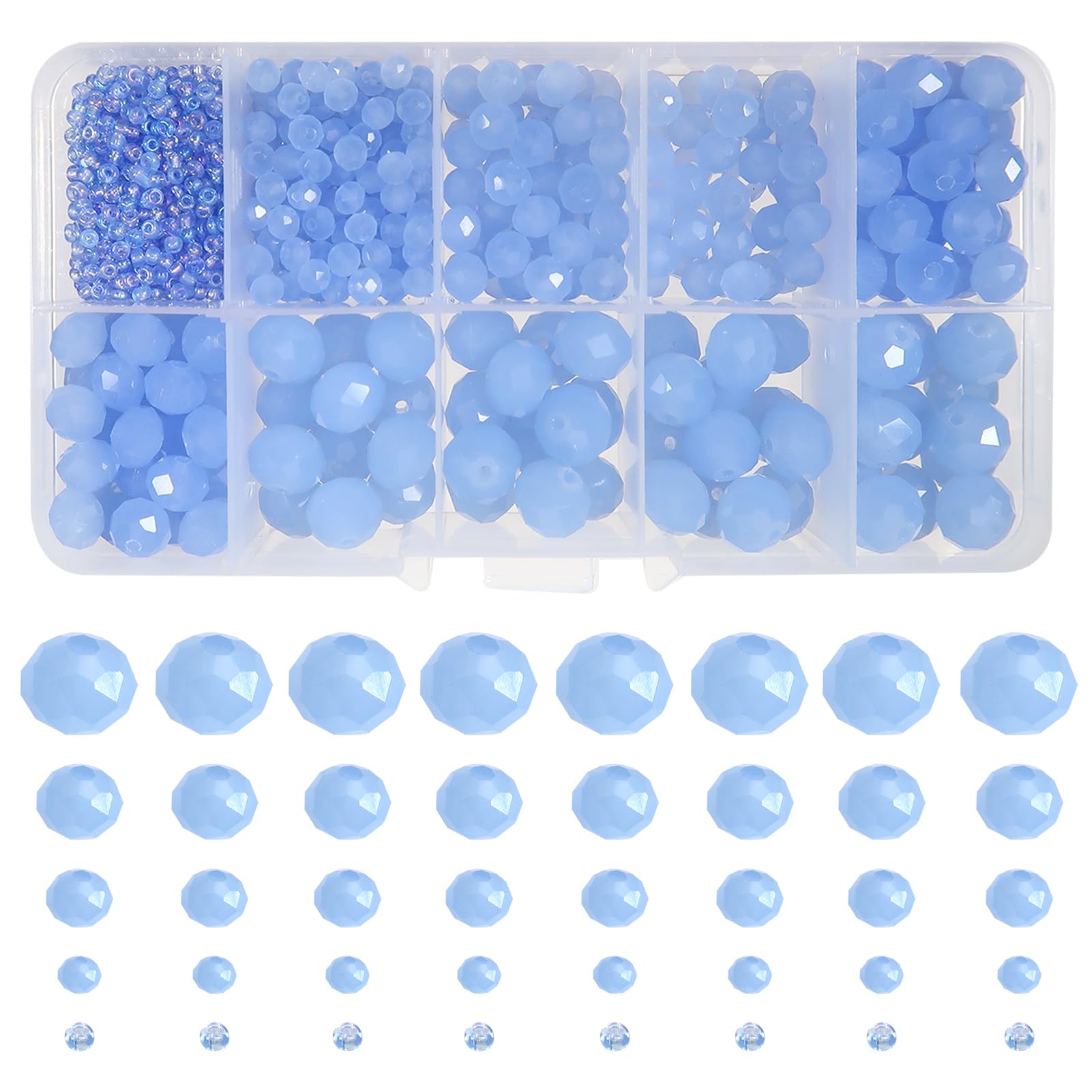 TOAOB 1000pcs Assorted Light Blue Crystal Glass Beads Faceted Spacer Bead 2mm 4mm 6mm 8mm 10mm for Jewelry Making DIY Craft Project