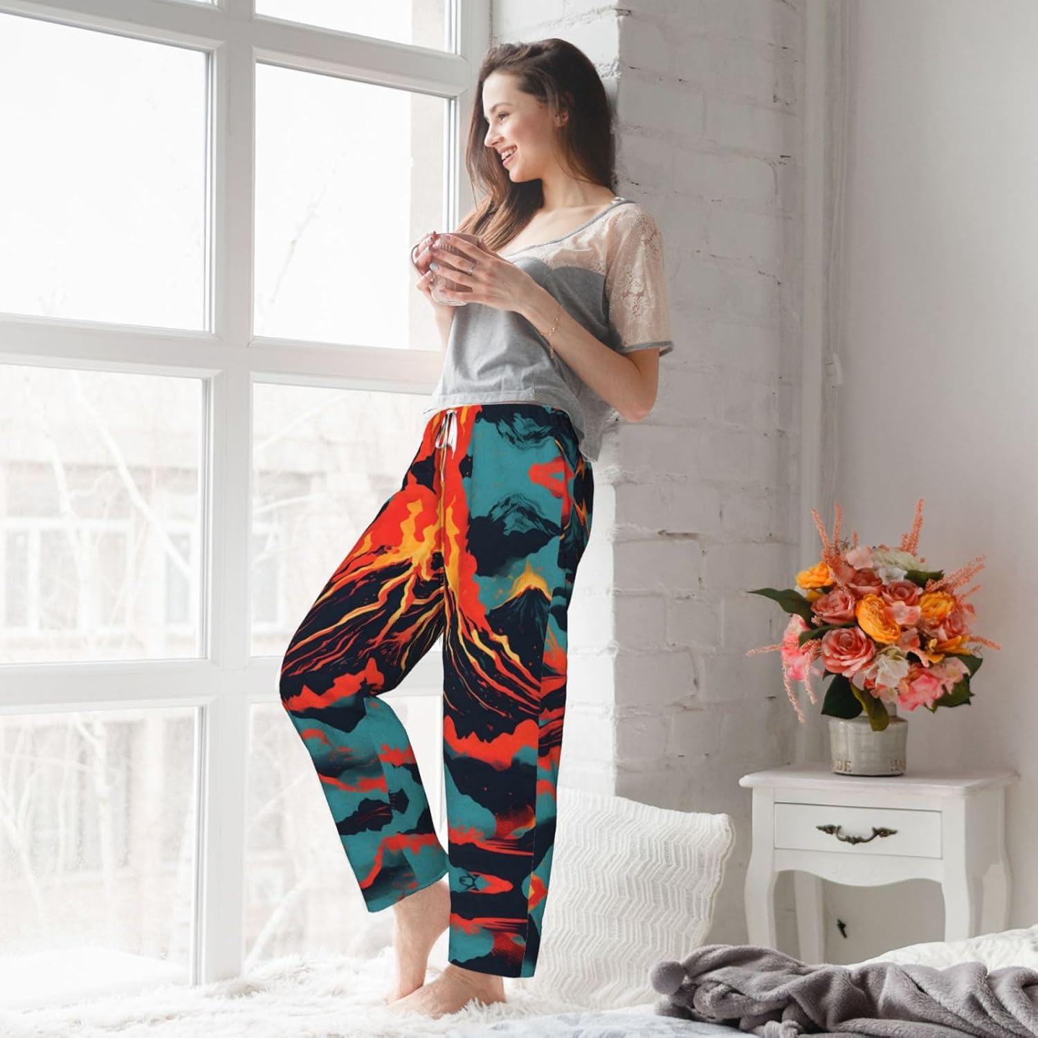 Volcano Print Cozy Christmas Pajama Pants,Flannel Pajama Bottoms,Cater To Various Body Types
