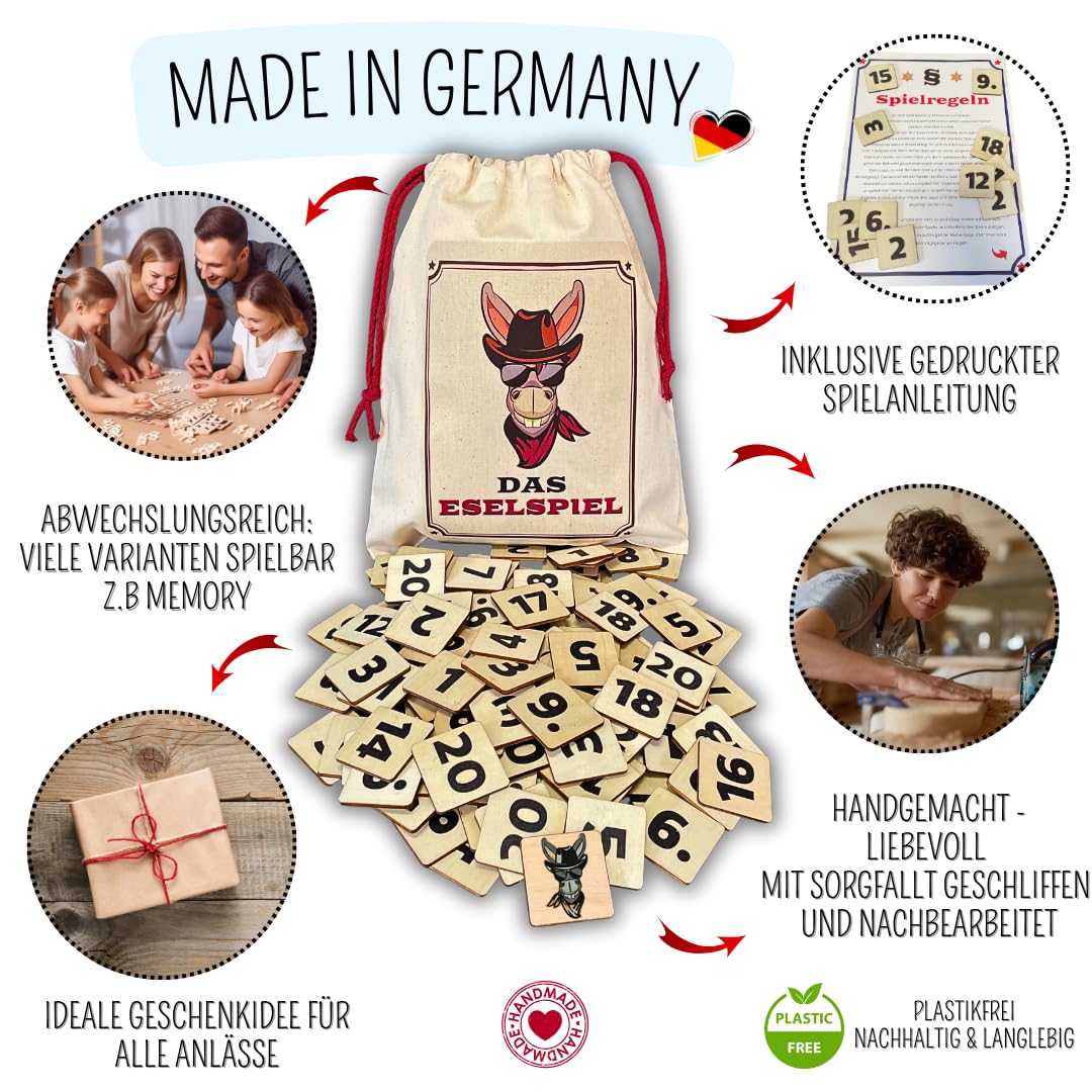 Mutou Das Eselspiel 2.0 ECKIG – 121 Teile aus Holz mit Stoffbeutel – Handgefertigtes Familienspiel