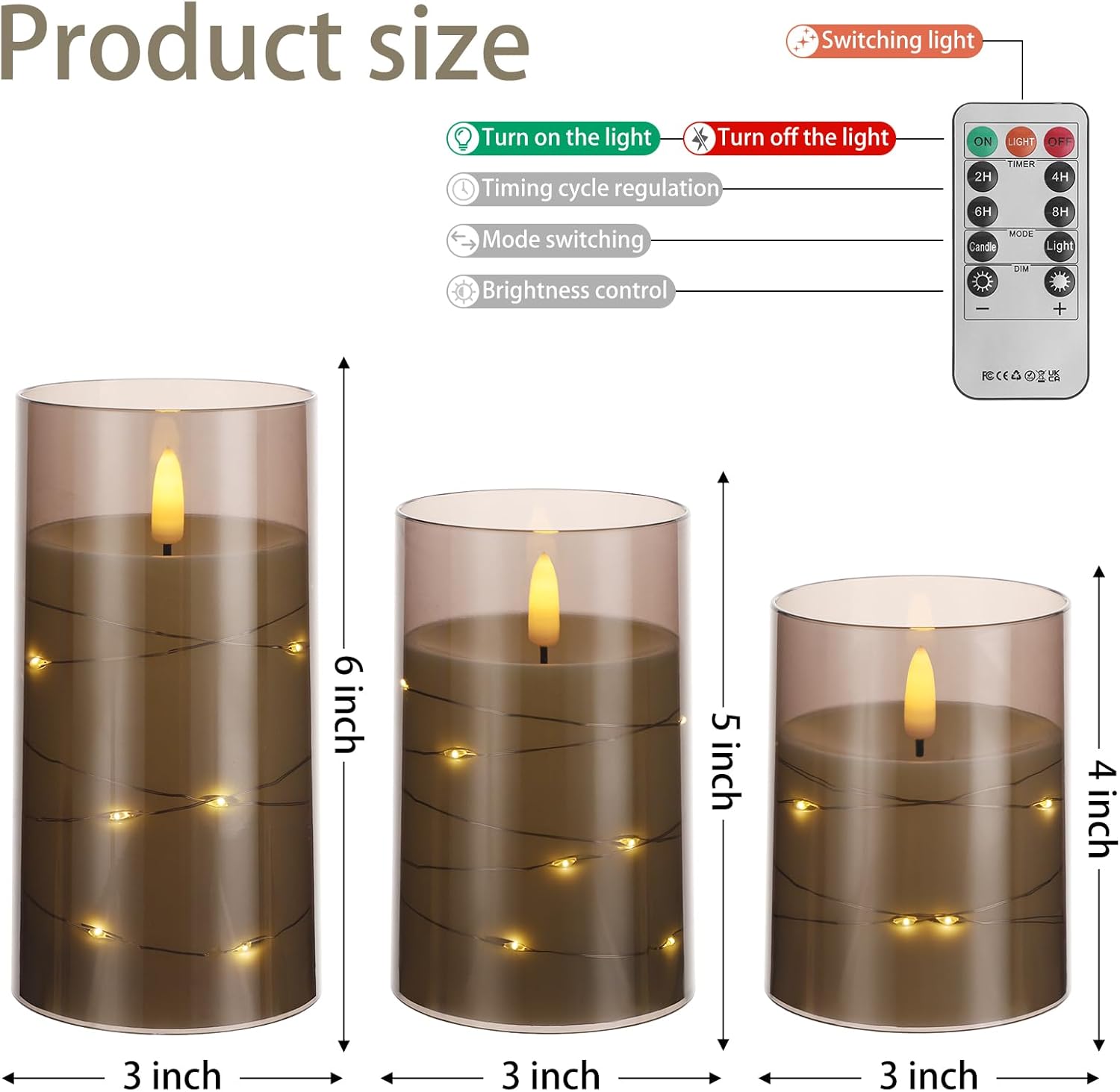 Flameless Candles with Timer - Battery Operated Candles with Remote, Durable Acrylic Glass Shell, with Embedded Star String for Romantic Ambiance and Home/Wedding Decoration (Set of 3, Grey)