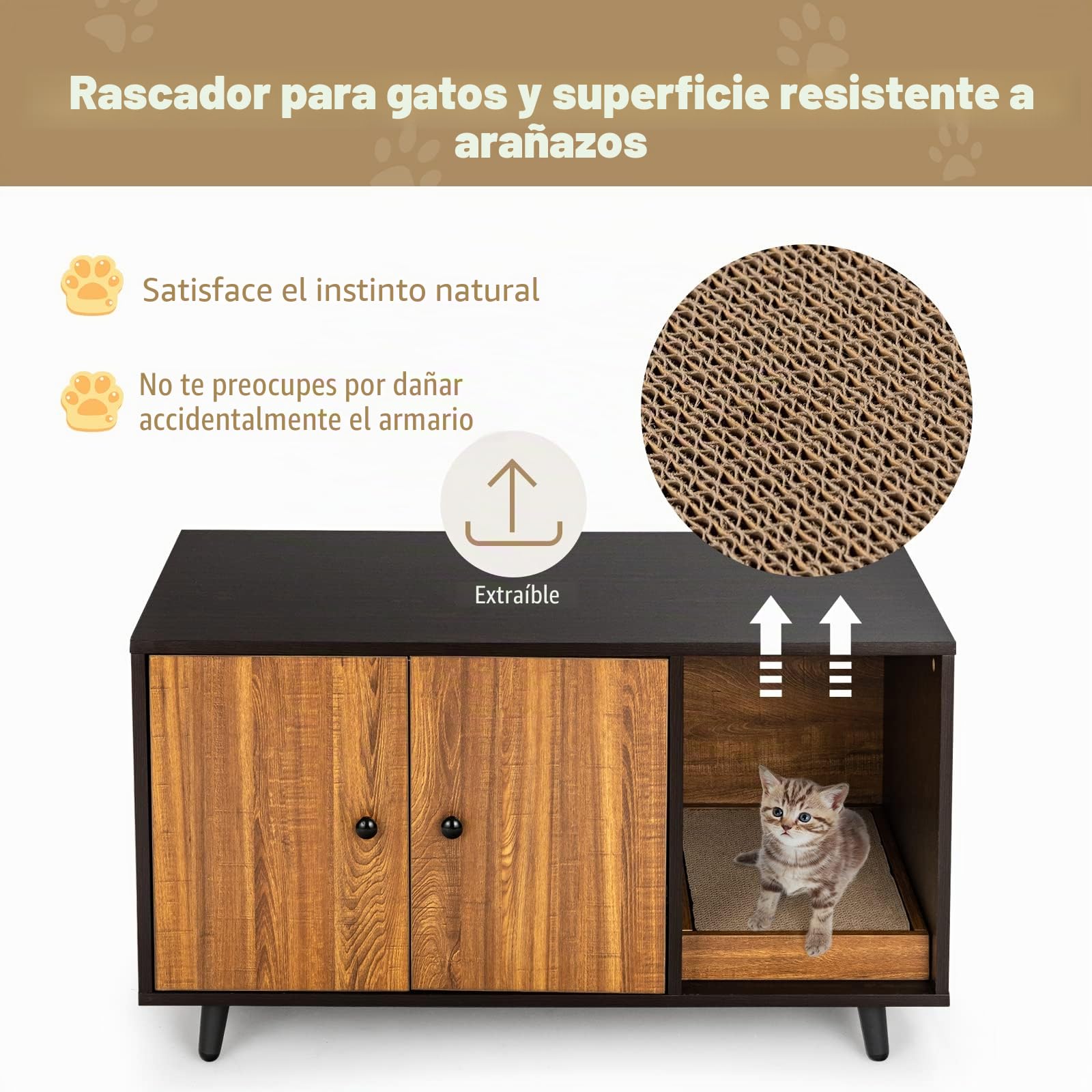 GOPLUS Armario para gatos 2 en 1 para arenero, casa de gatos de madera con puertas, patas de acero, caja rascador extraíble, resistente al agua y a los arañazos, cueva para gatos y mascotas, 90 x 50 x