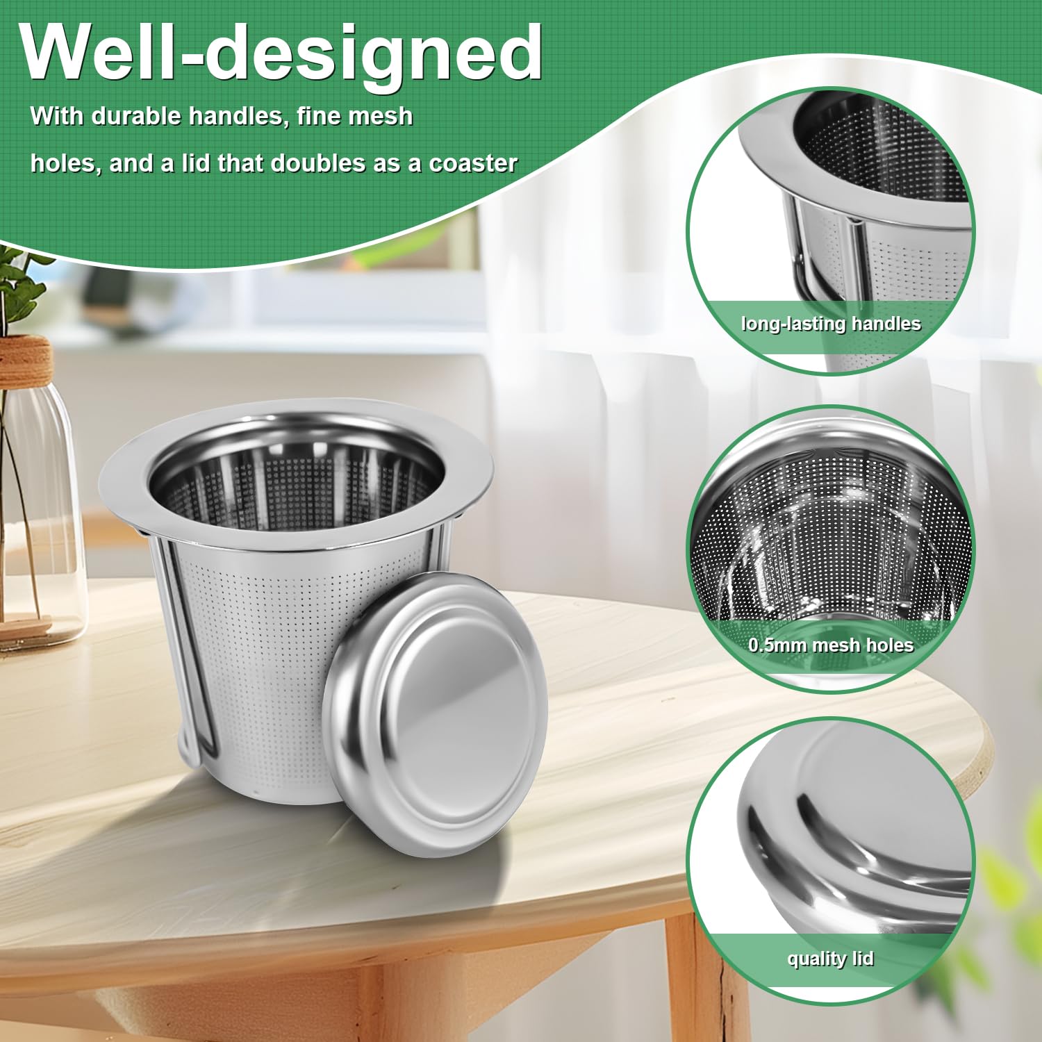 Infusor de Té de Acero Inoxidable 304, Filtro para Té con Tapa y Mango Plegable, Reutilizable 2 Piezas