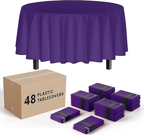 Party Solids - Manteles redondos de plástico desechables, paquete de 48 manteles redondos de 84 pulgadas, color morado, manteles de plástico
