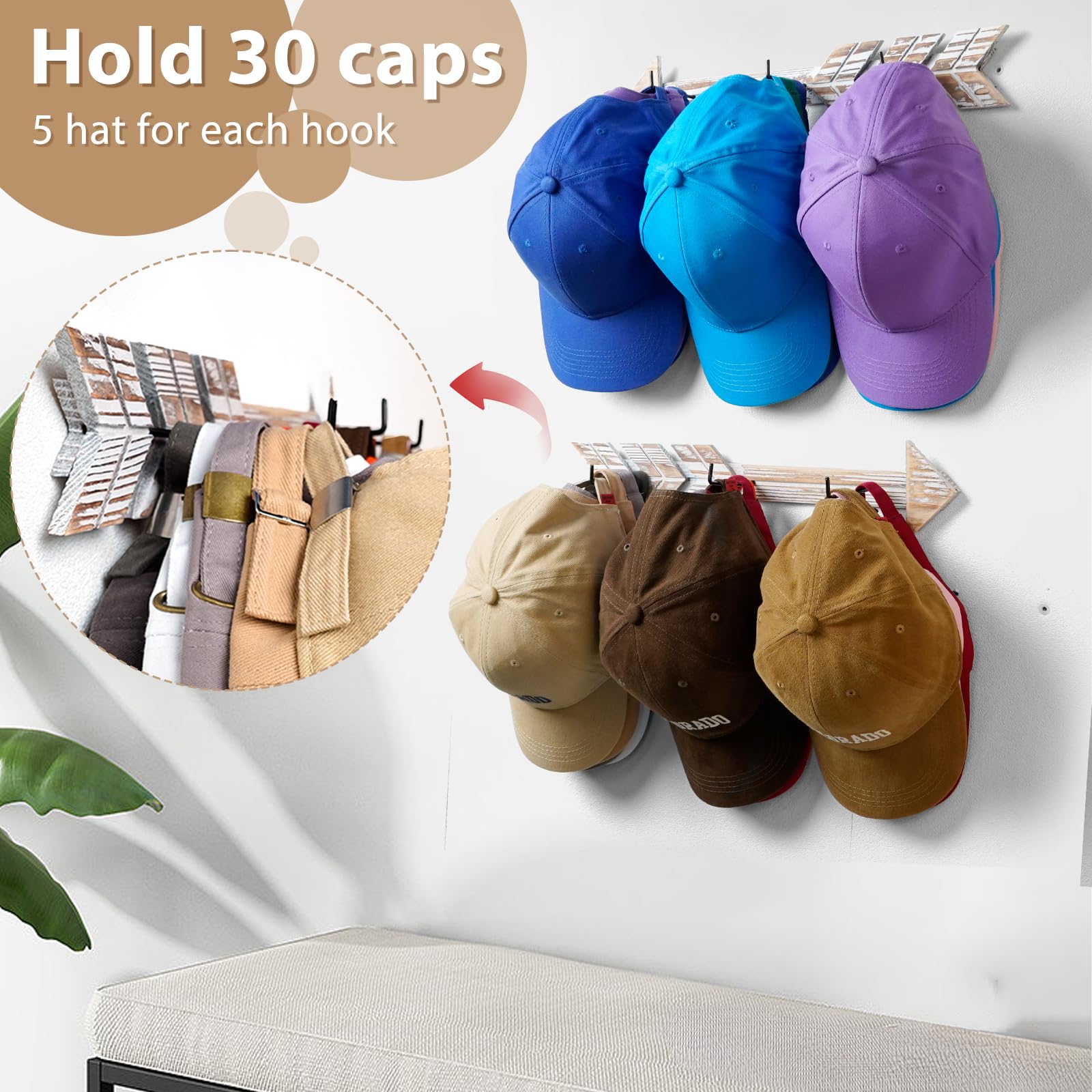 HYDERMUS Hat Organizer for 30 Baseball Caps 2 Pack Farmhouse Wood Arrow Hat Rack for Wall with 6 Hooks Hat Hanger for Closet Storage and Organization at Bedroom Washed White