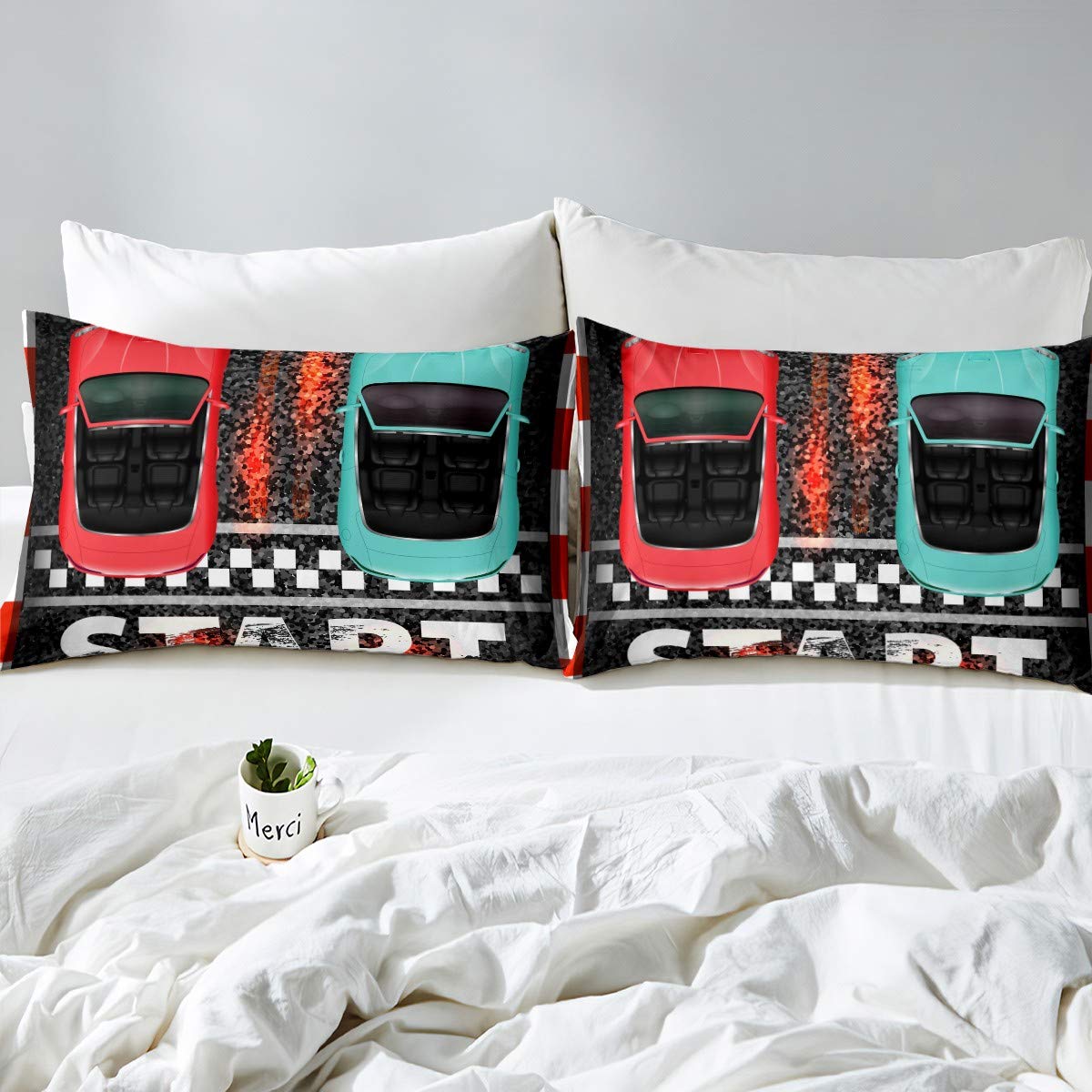 Beddengoedset voor sportwagens, groene raceauto beddengoed lakens voor kinderen, jongens, meisjes, beddengoed met extreme sporten, hoeslaken met coole snelheid voor auto's, 2 stuks, eenpersoons