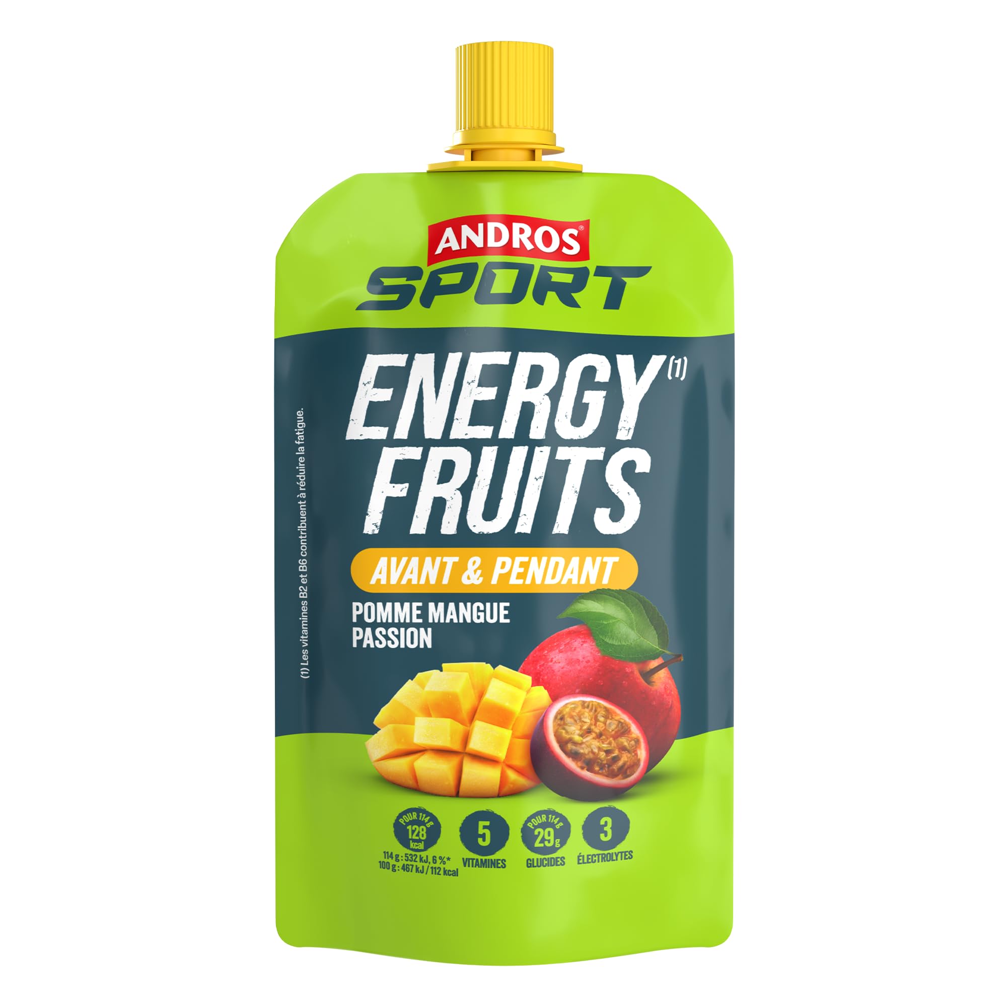 Andros Sport | Energy Fruits (18x114g) | Gels énergétiques | Énergie fruitée pratique - Pomme Mangue Fruits de la Passion