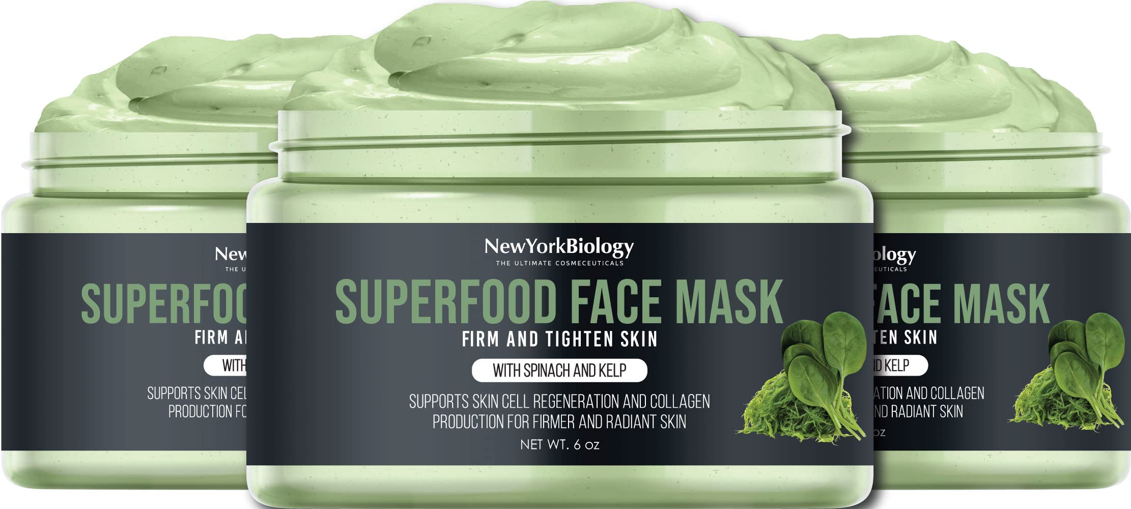 New York Biology Green Superfood Facial Mask 6 oz – Moisturizing and Hydrating Face Mask for Acne, Pores, and Clear Skin – Deep Facial Cleanser Clay Mask for Normal and Oily Skin - Pack of 3